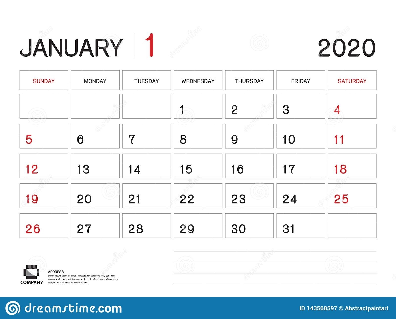 January 2020 Year Template, Calendar 2020 Vector, Desk