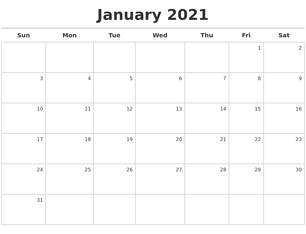 January 2021 Calendar Maker