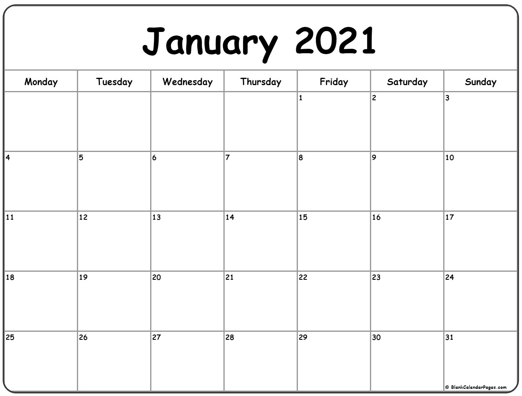 January 2021 Monday Calendar | Monday To Sunday