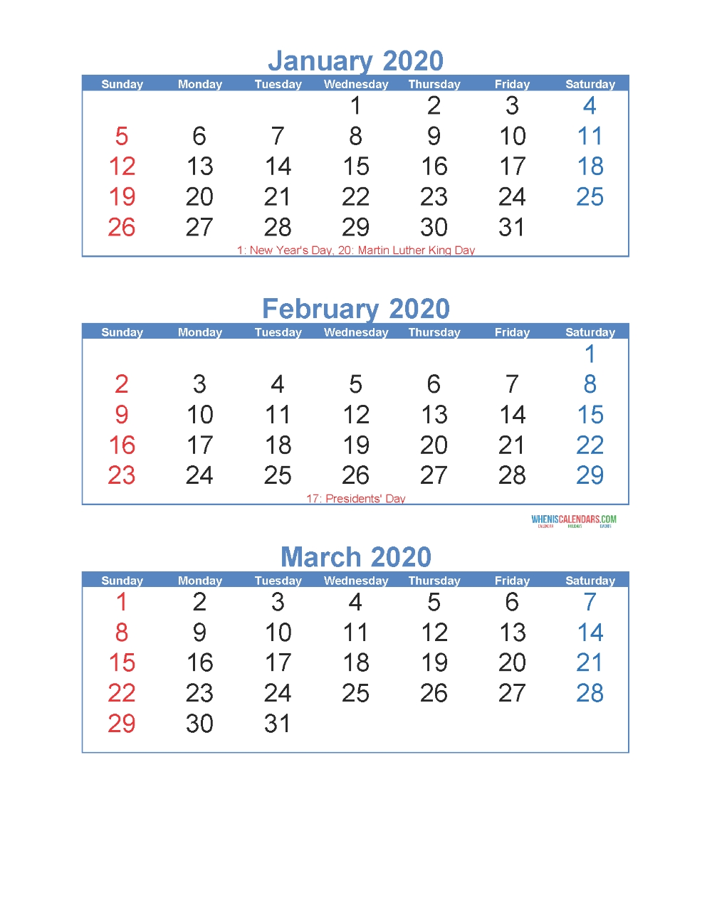 January February March 2020 Calendar 3 Months Per Page