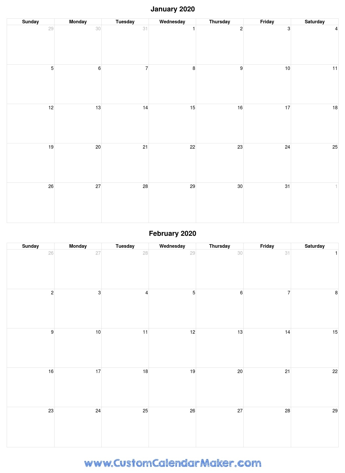 Januray And February 2020 Free Printable Calendar Template