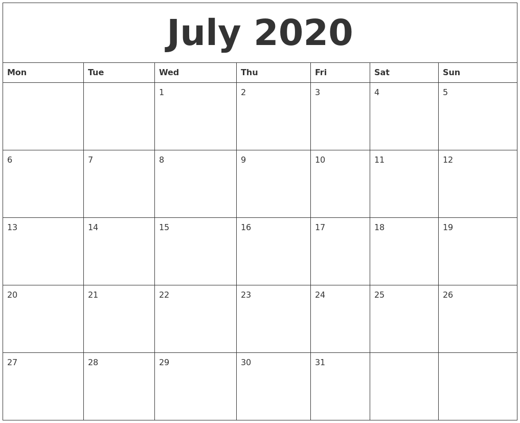 July 2020 Large Printable Calendar