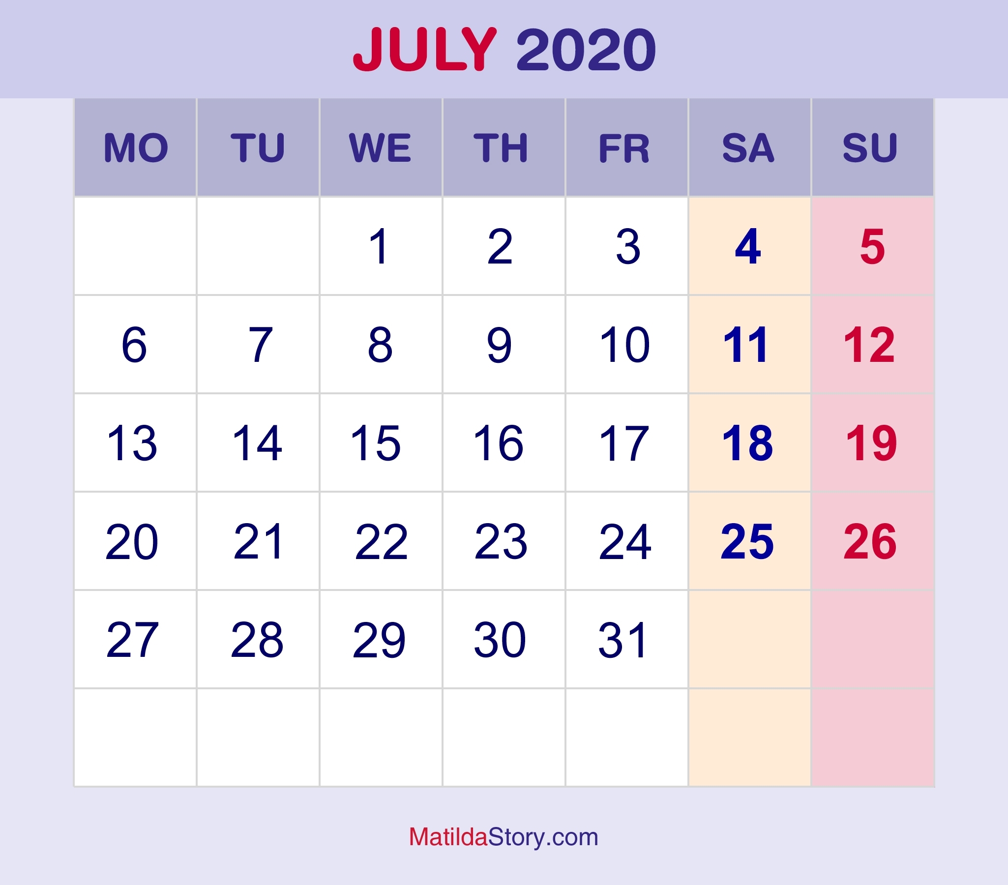 July 2020 Monthly Calendar, Monthly Planner, Printable Free