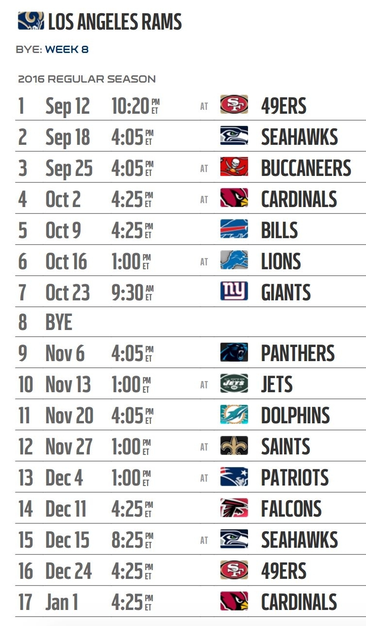 Los Angeles Rams&#039; 2016 Nfl Schedule Released