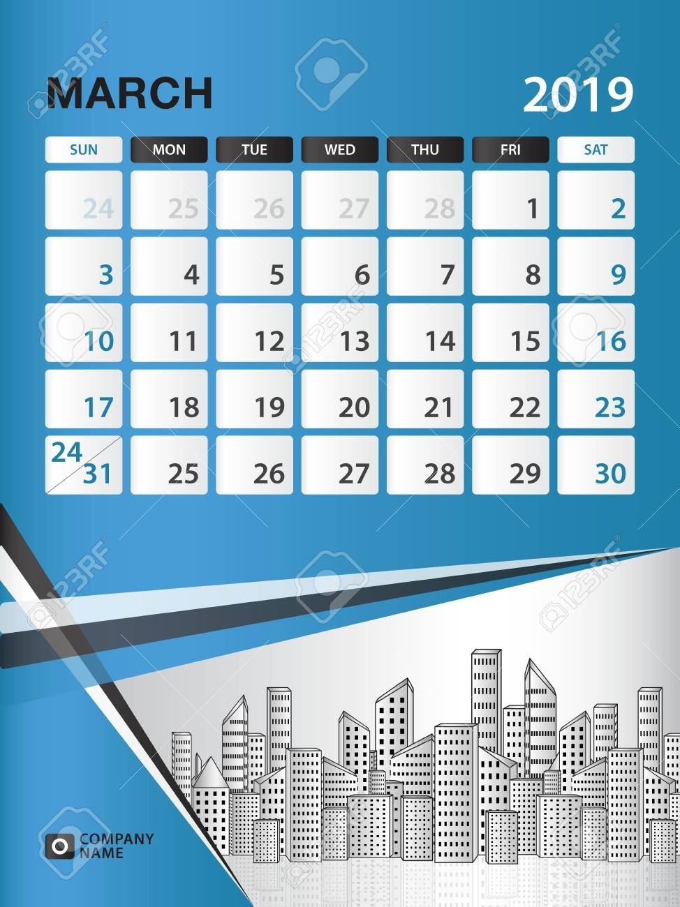 March 2019 Month Template, Desk Calendar For 2019 Year, Week..