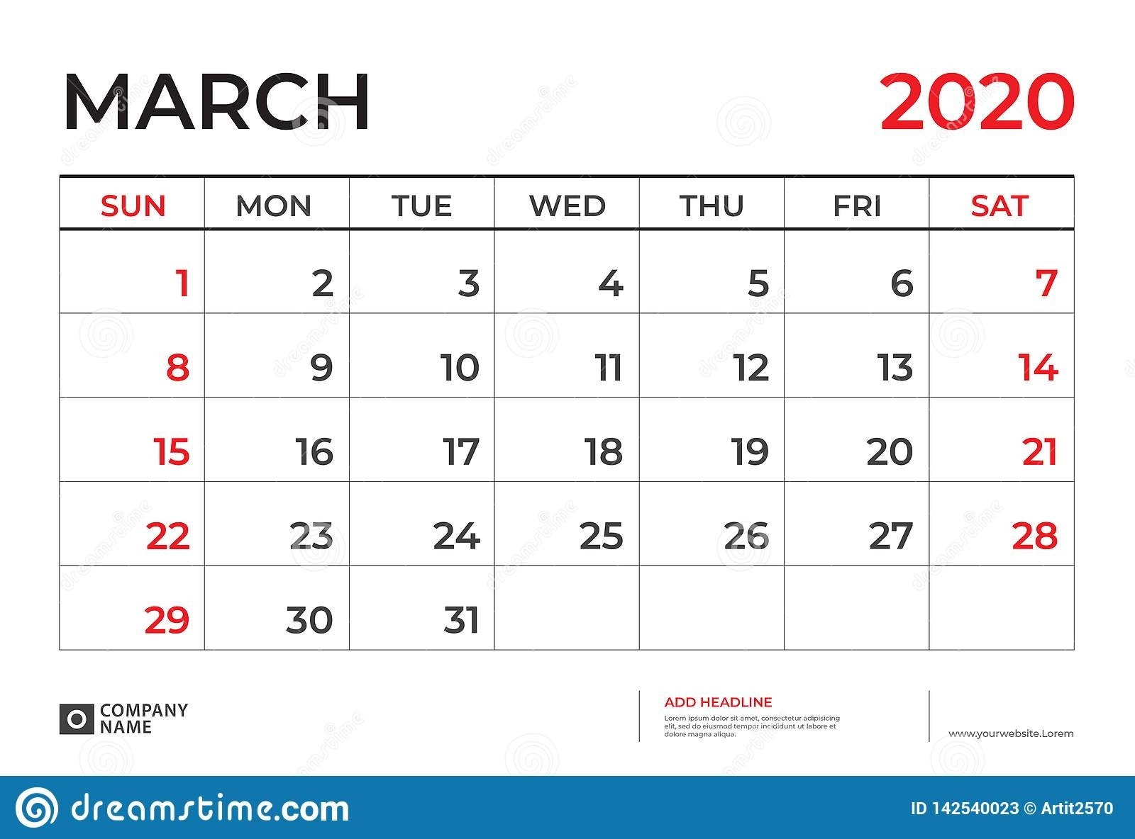 March 2020 Calendar Template, Desk Calendar Layout Size 9.5