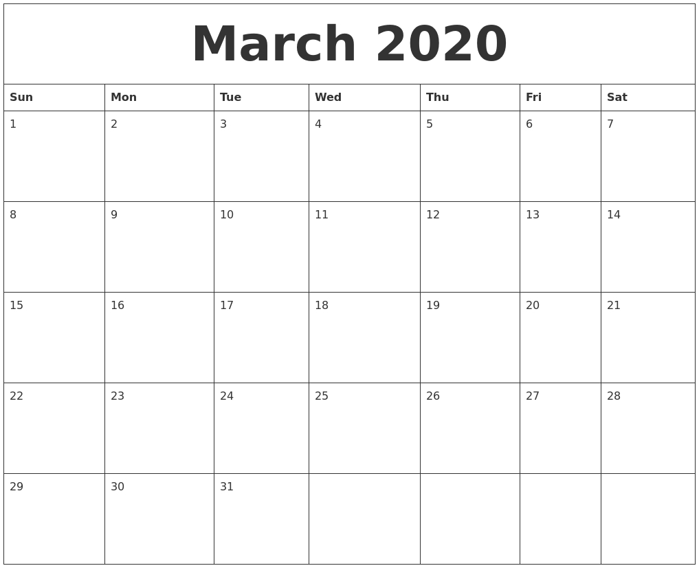 March 2020 Large Printable Calendar