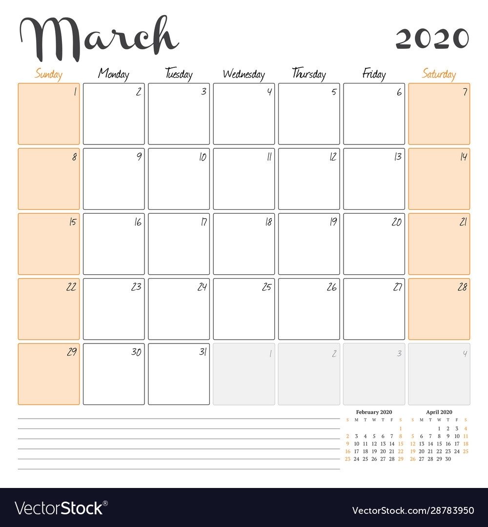 March 2020 Monthly Calendar Planner Printable