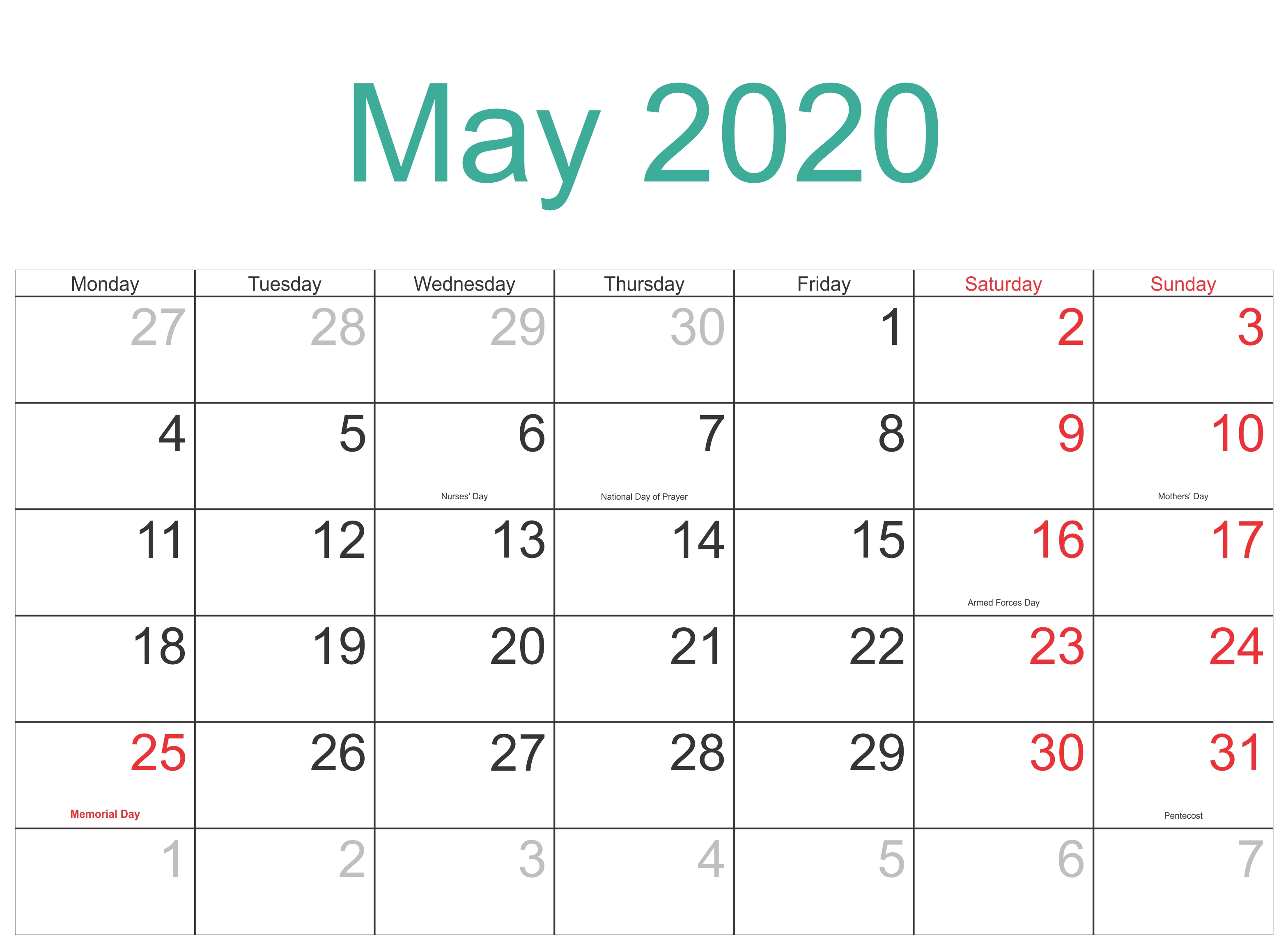 May 2020 Holidays Calendar Usa, Uk, Canada, India, Australia