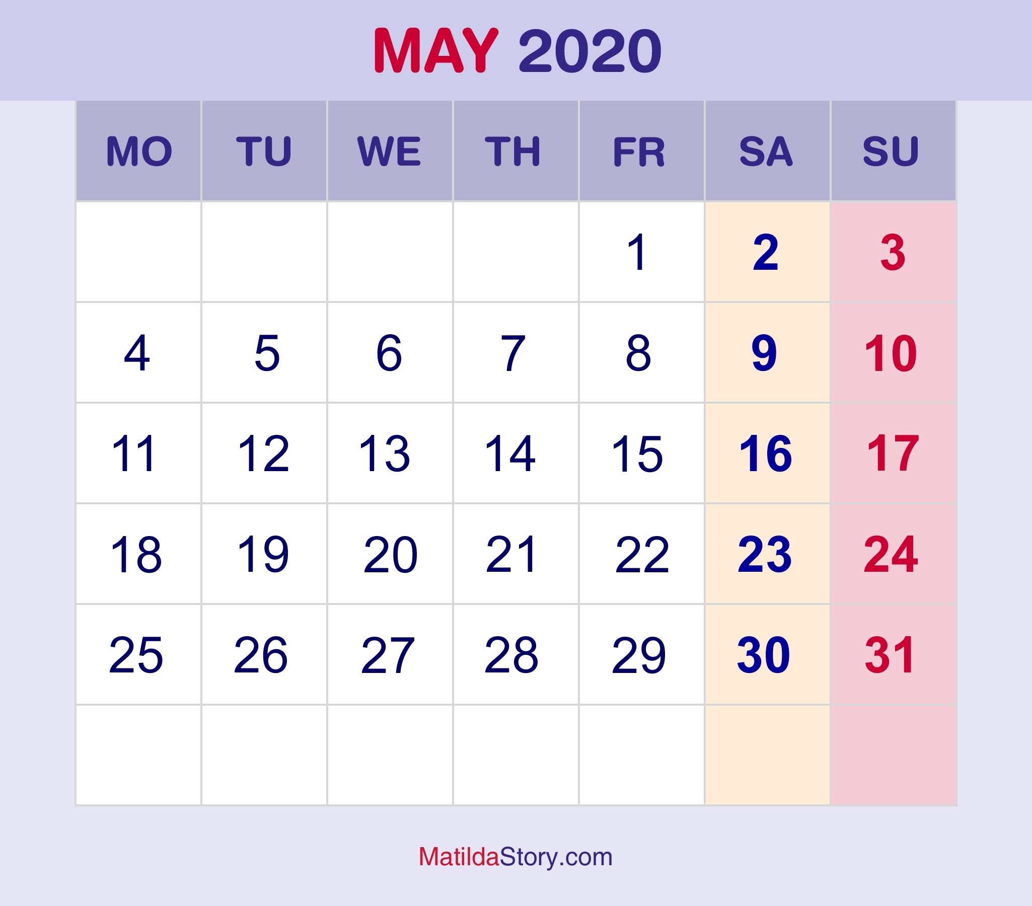 May 2020 Monthly Calendar, Monthly Planner, Printable Free
