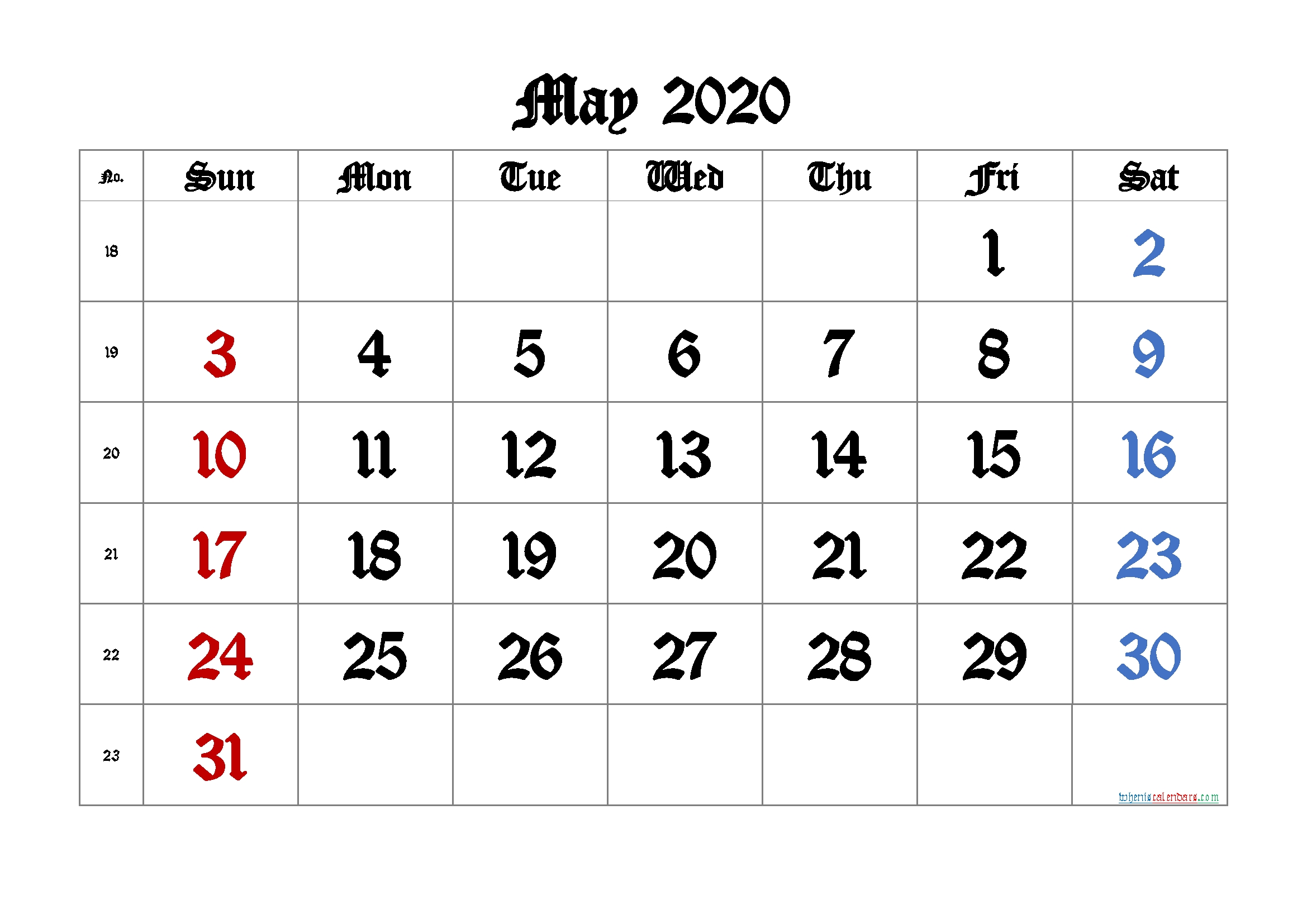 May 2020 Printable Calendar With Week Numbers – 6 Templates