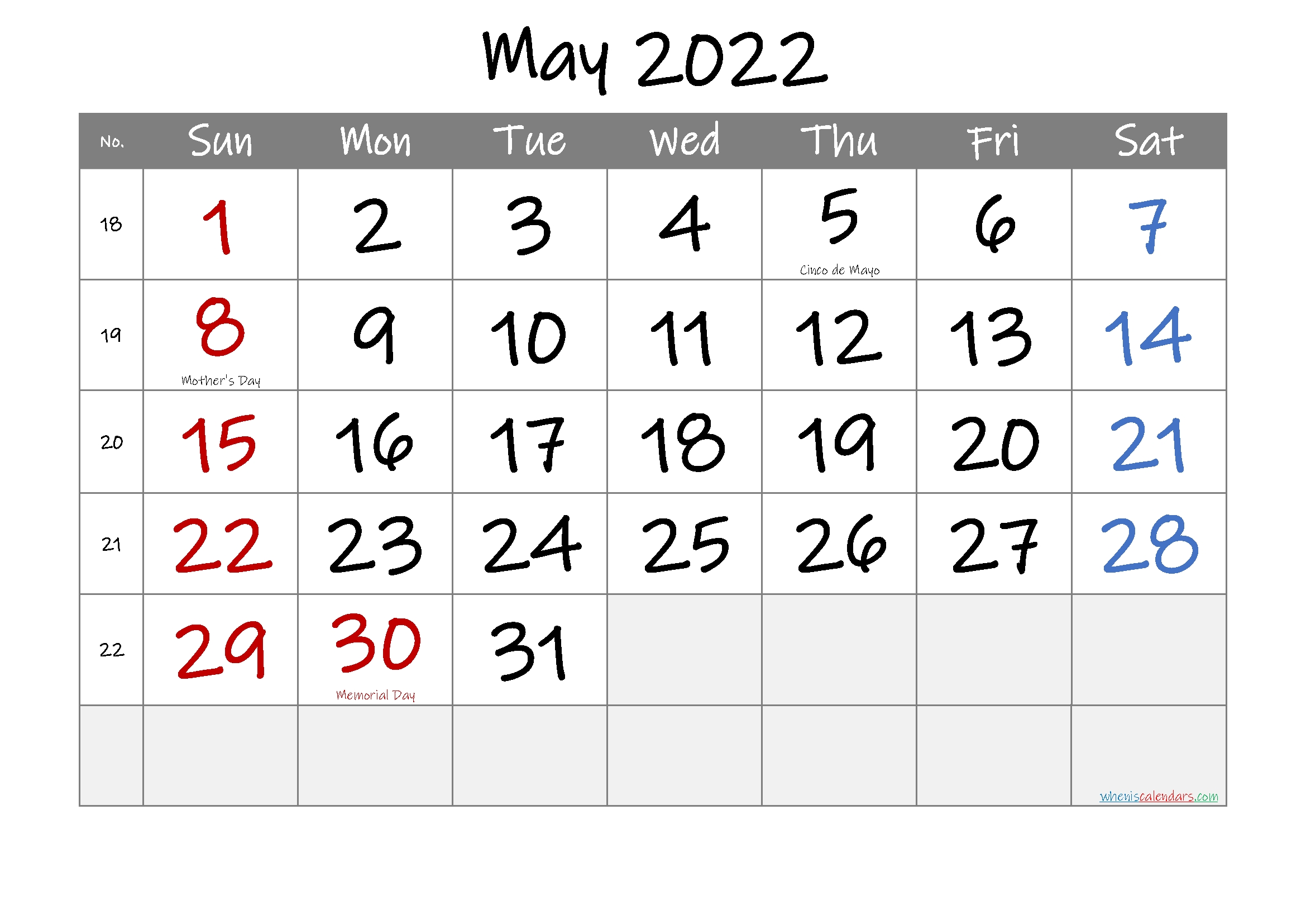 May 2022 Free Printable Calendar-Template No.if22M29 - Free