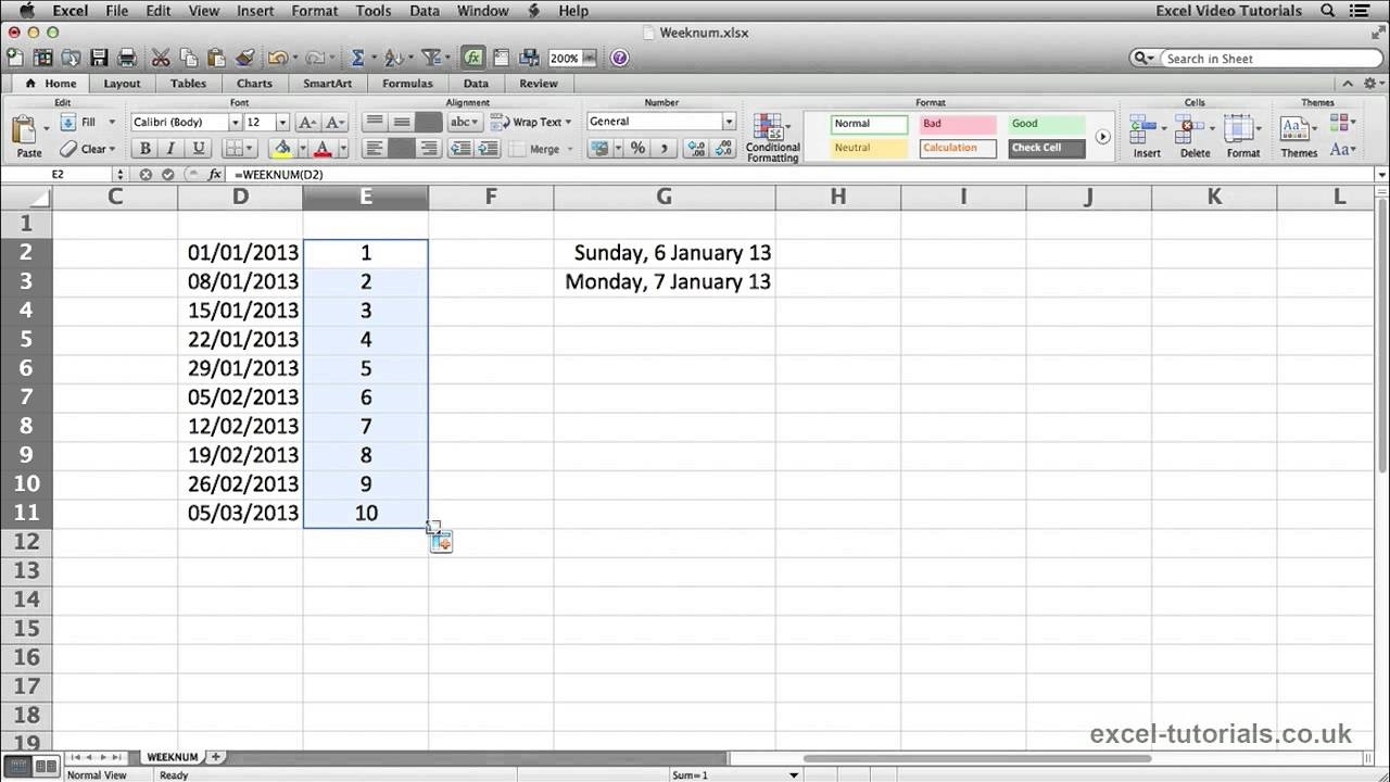 week number formula excel