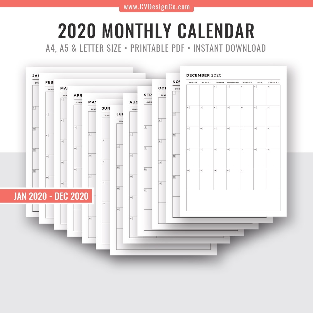 Monthly Calendar 2020 , 12 Month Calendar, Monthly Planner, Printable  Planner Inserts, Planner Template, Planner Refills, Filofax A5, A4, Letter  Size