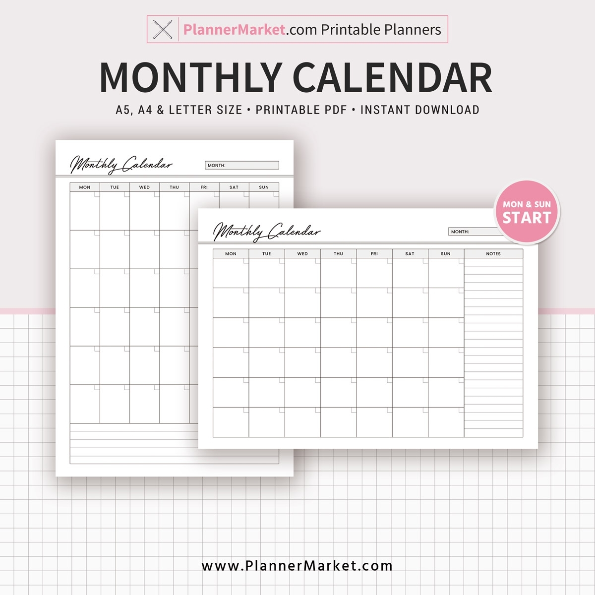 Monthly Calendar, 2020 Calendar, Planner Inserts, A5, A4