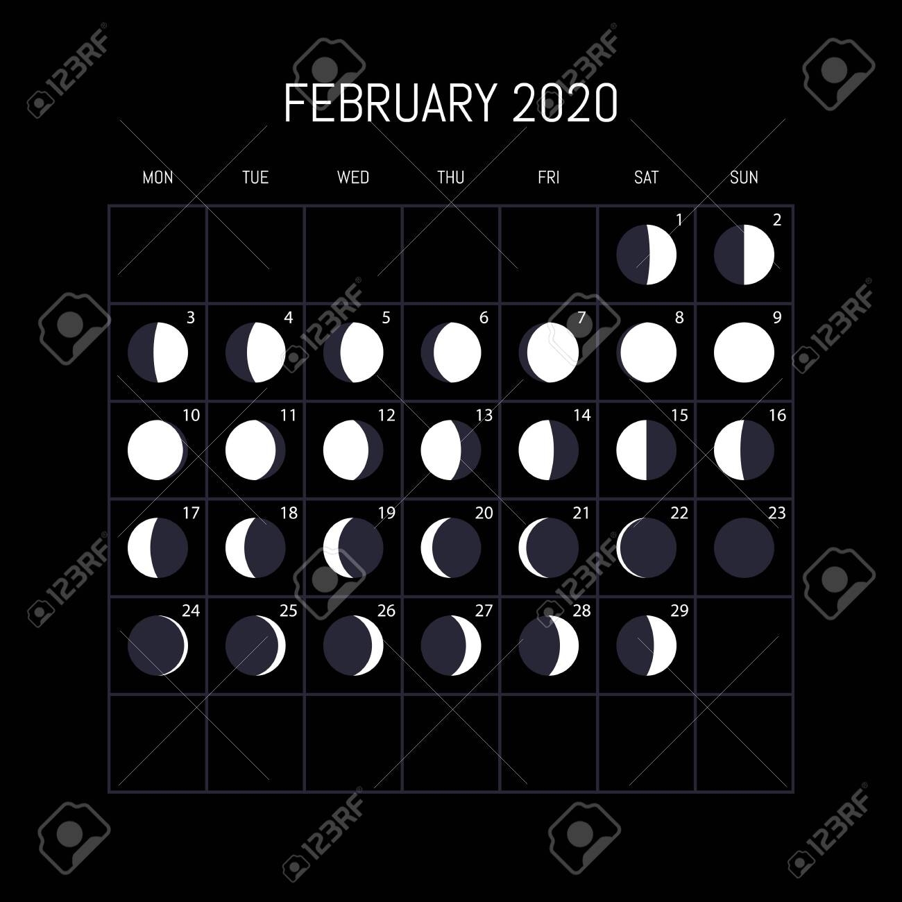 Moon Phases Calendar For 2020 Year. February. Night Background..