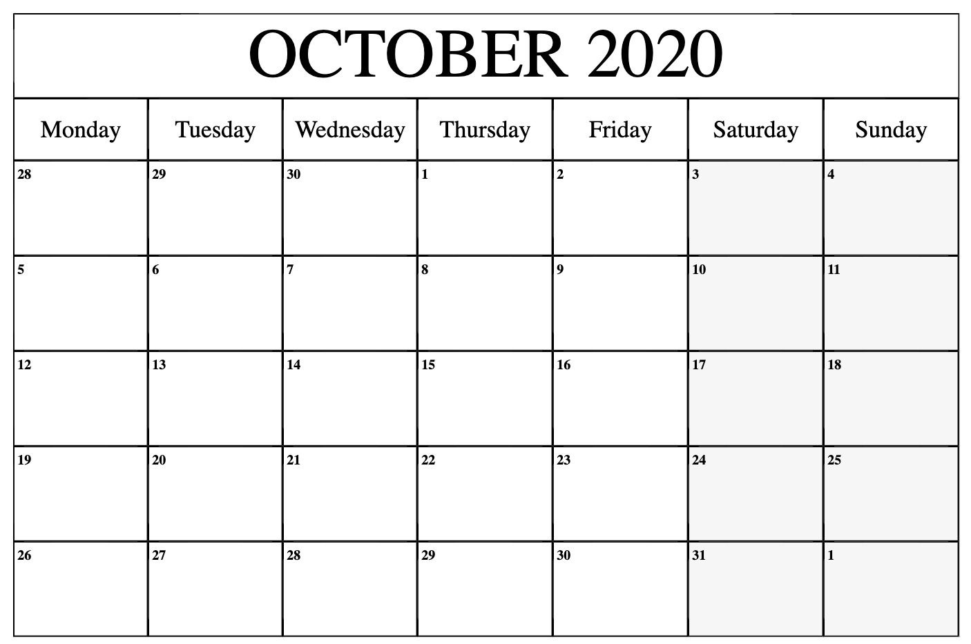 October 2020 Calendar Pdf, Word, Excel Template | Calendar