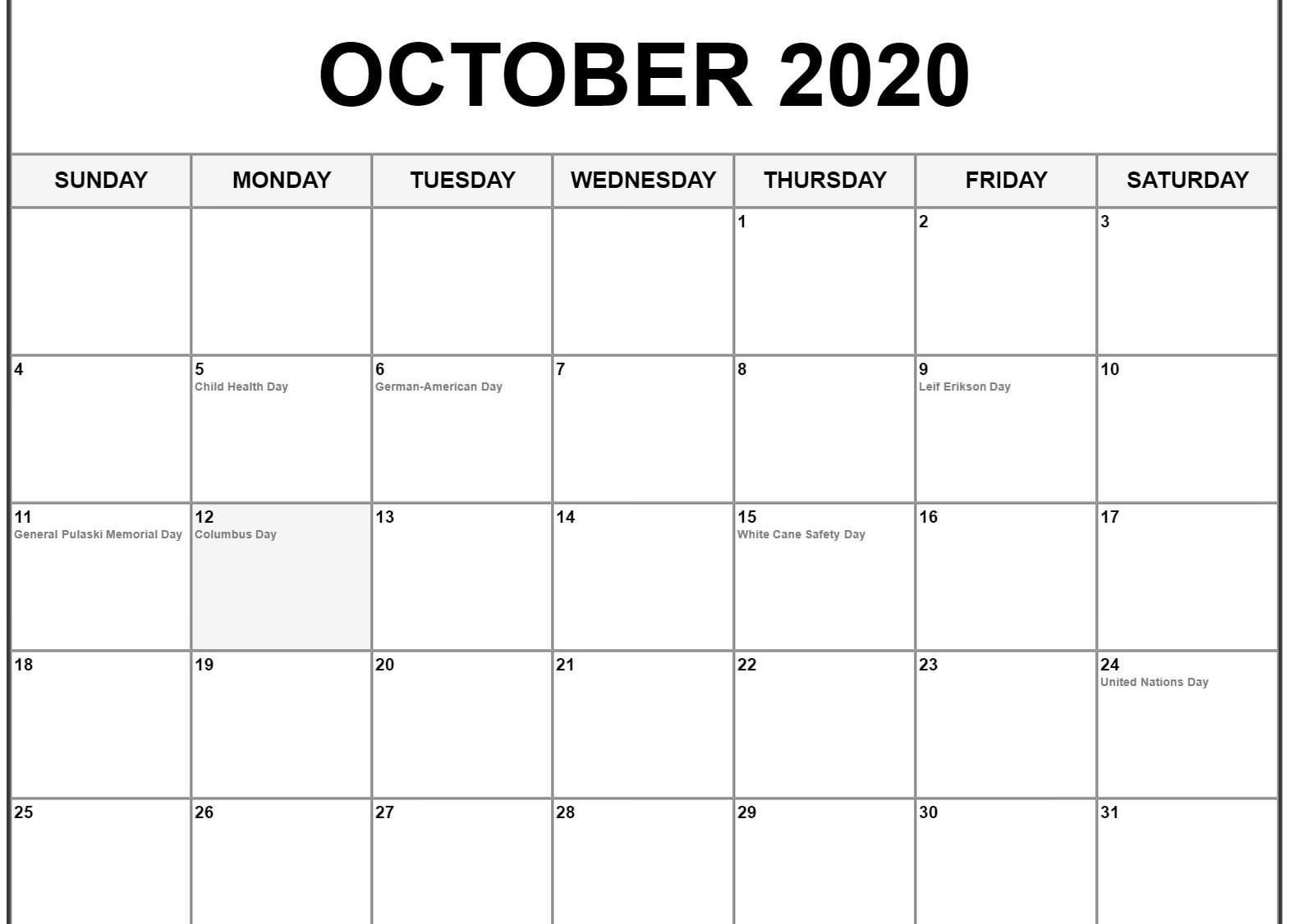 October 2020 Calendar Pdf, Word, Excel Template | October