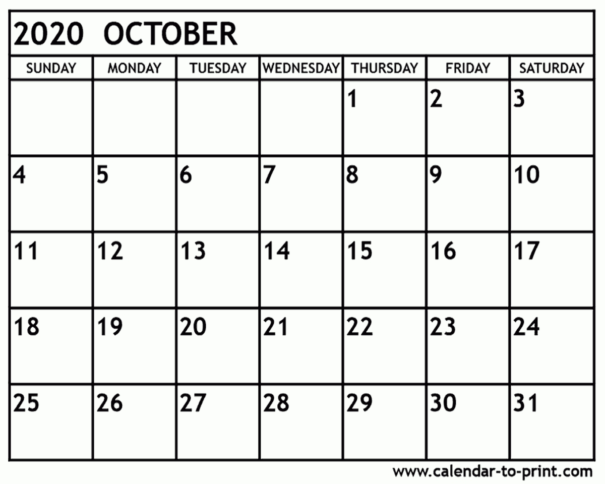 October 2020 Calendar Printable