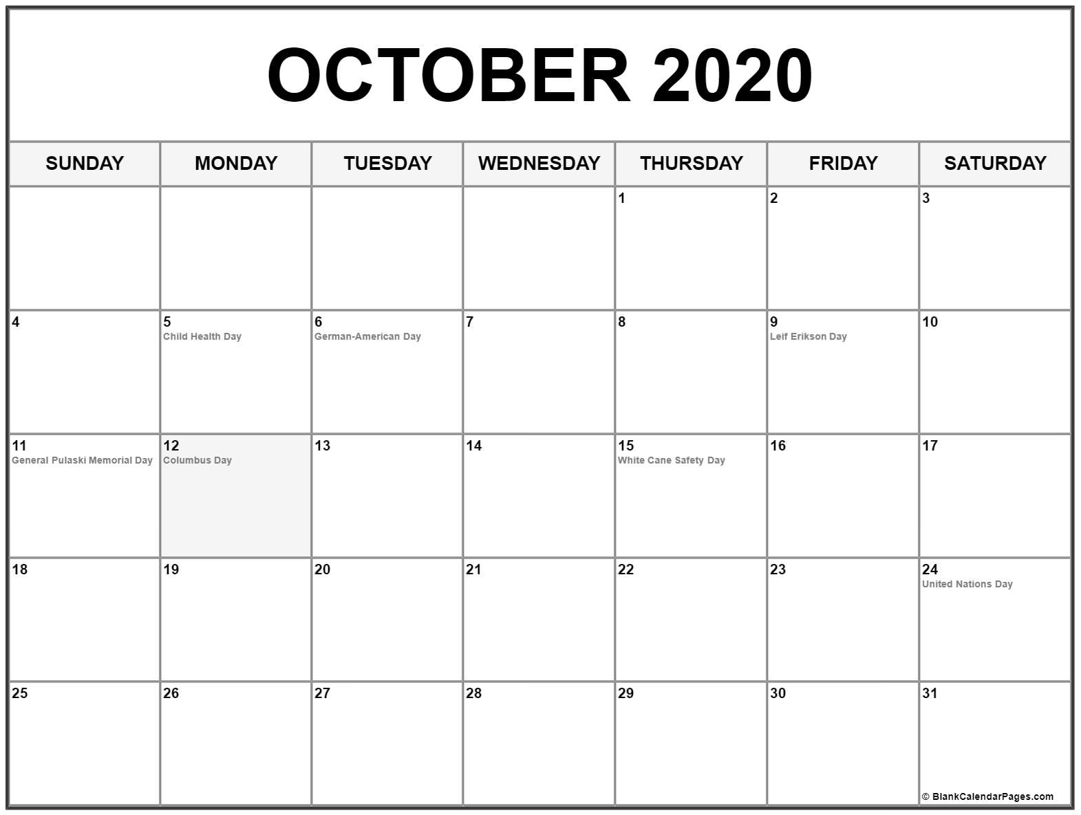 October 2020 Calendar With Holidays