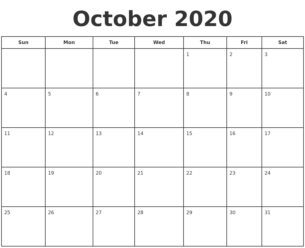 October 2020 Print A Calendar