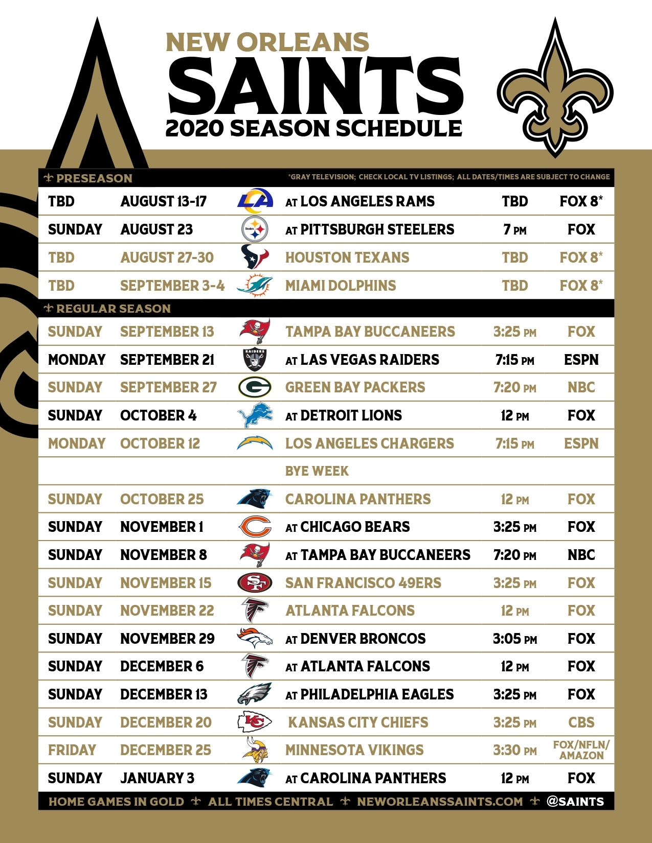 Printable New Orleans Saints Schedule