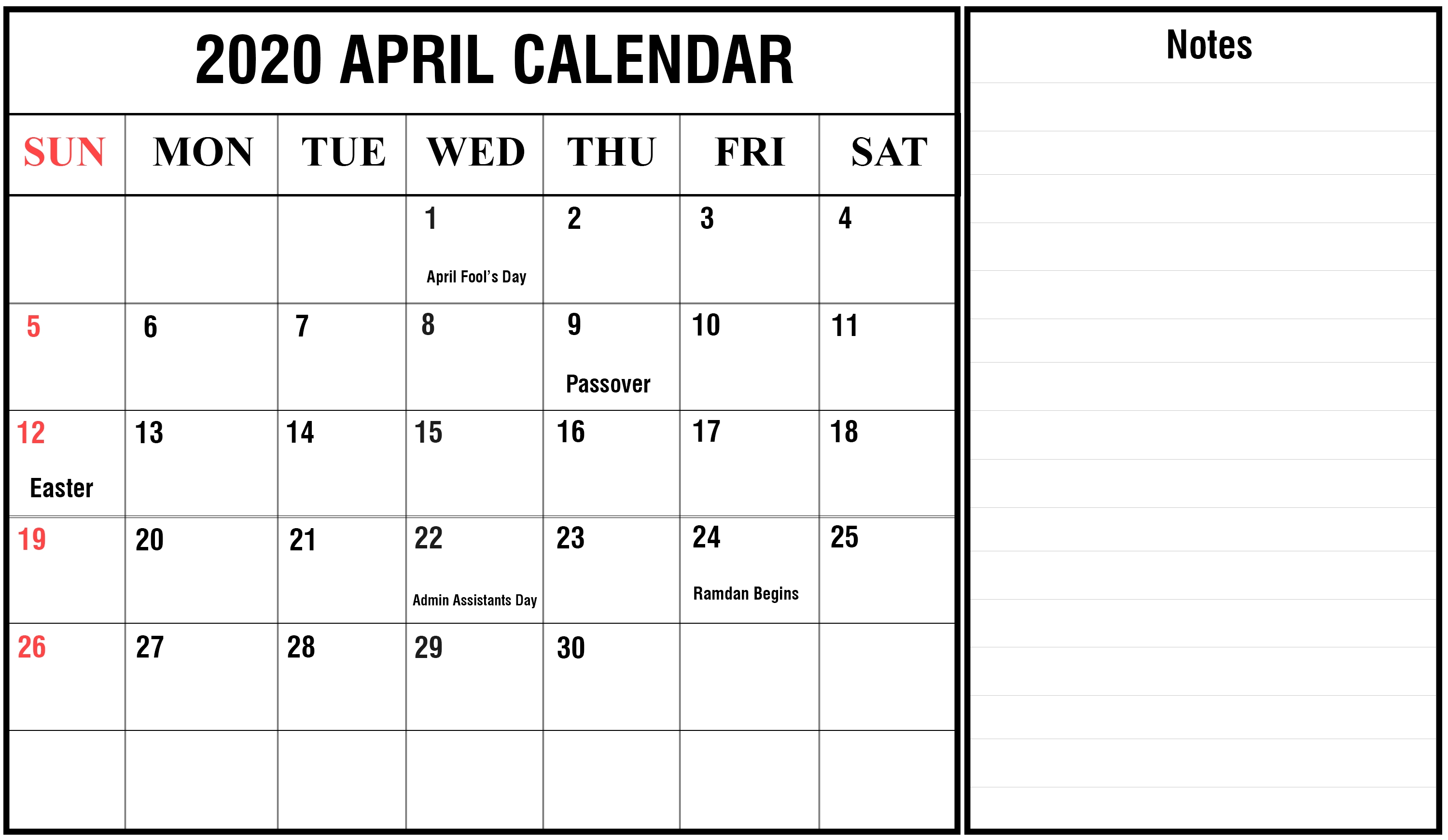 Online April 2020 Calendar - Free Printable Monthly Template