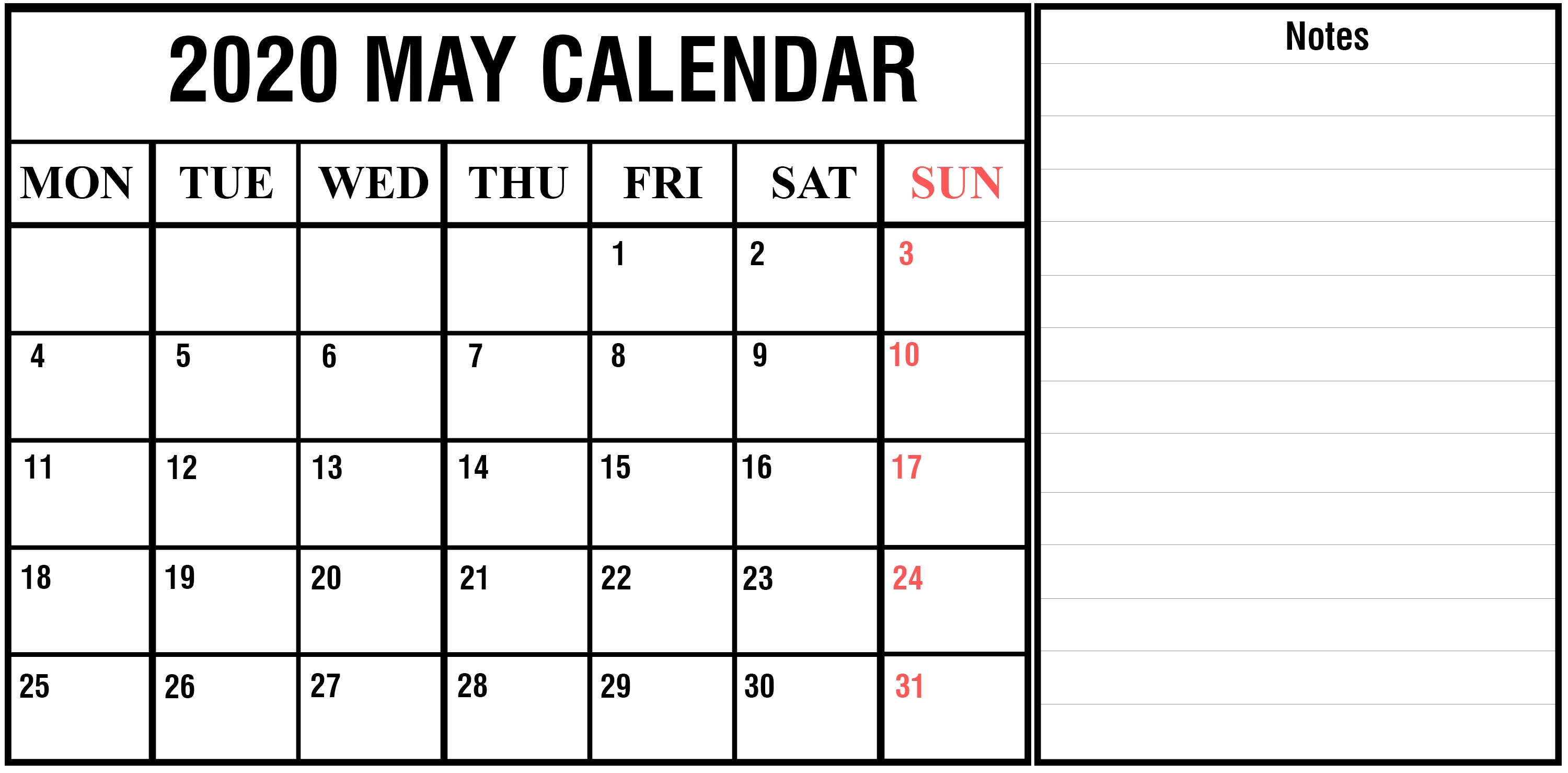 Online May 2020 Calendar Blank Printable Template - Pdf