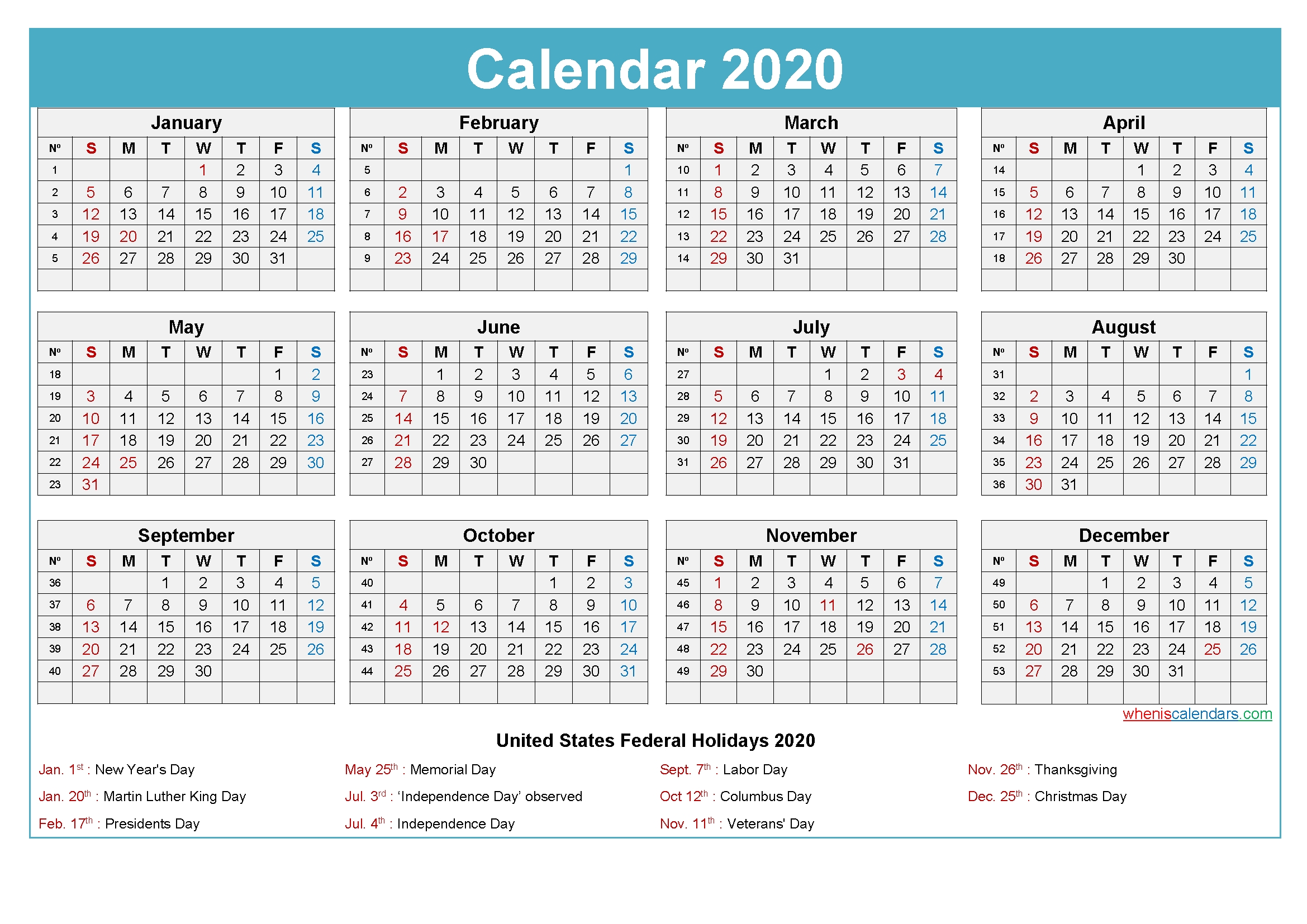 calendar of week numbers 2020 month calendar printable