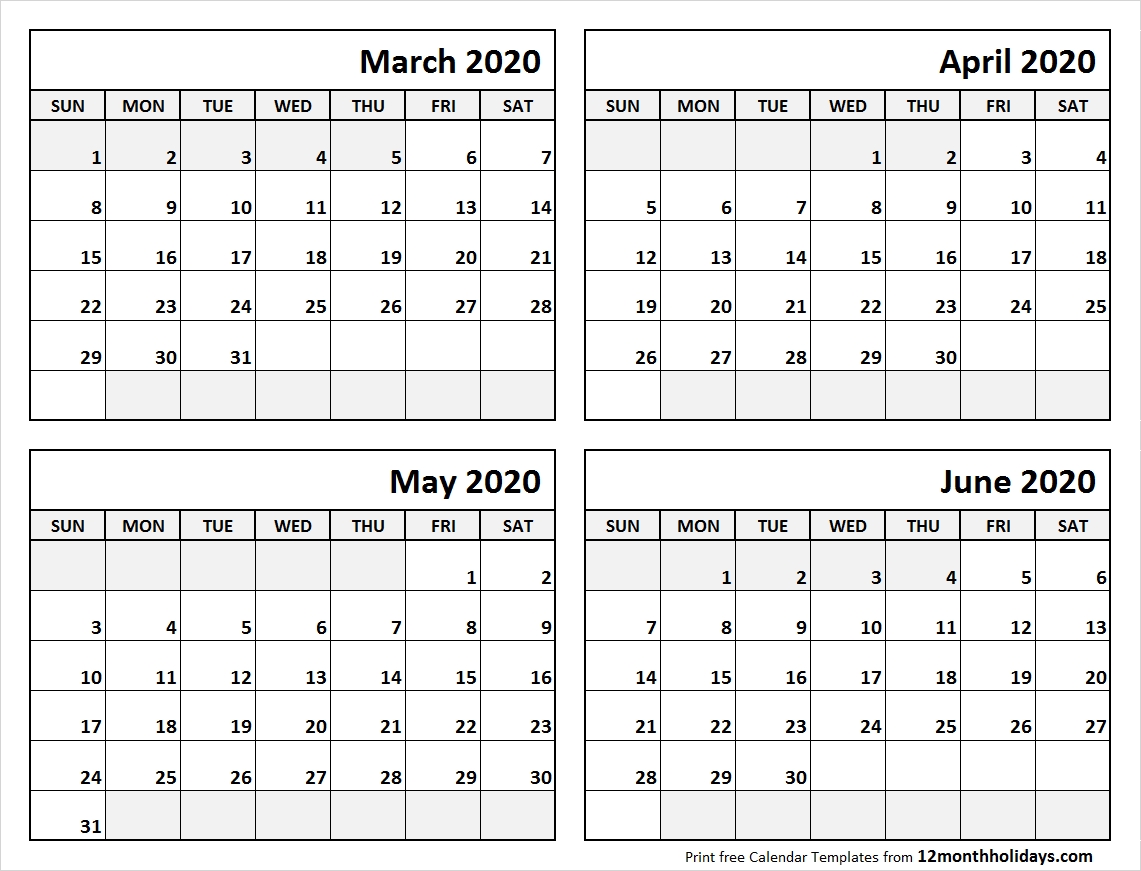 Print March To June 2020 Calendar Template | 4 Month Calendar