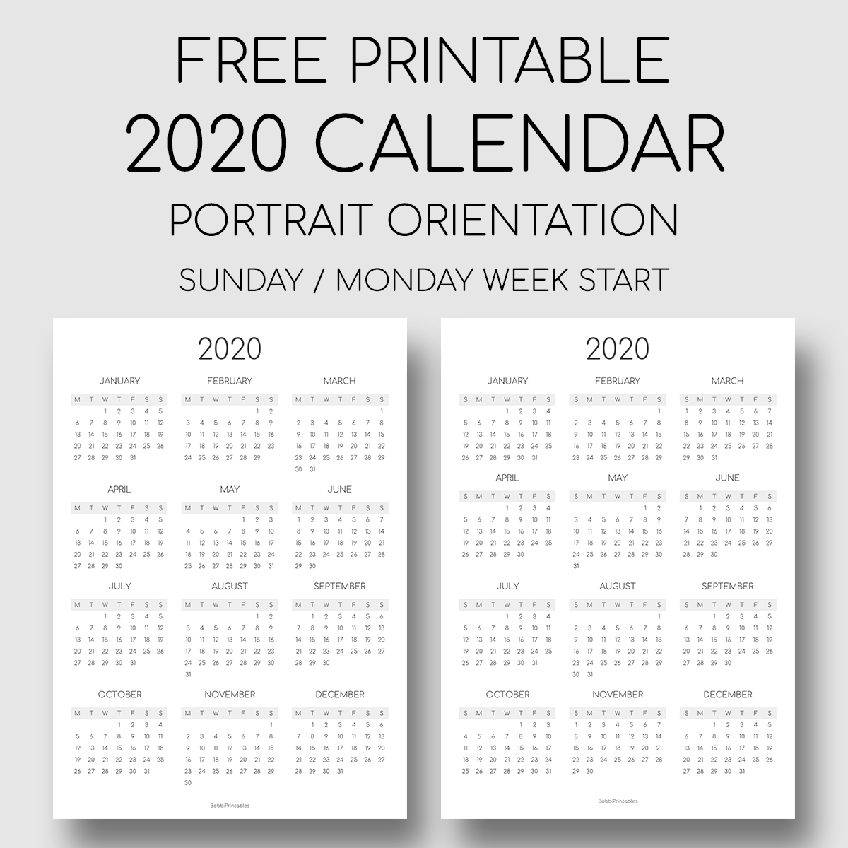 Printable 2020 Year At A Glance Calendar - Portrait Orientation