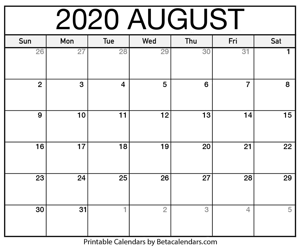 Printable August 2020 Calendar - Beta Calendars