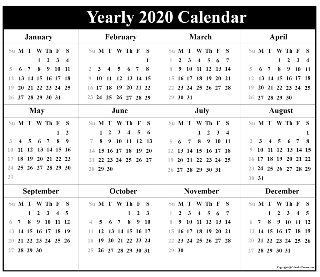 Year Calendar 2020 Pdf | Month Calendar Printable