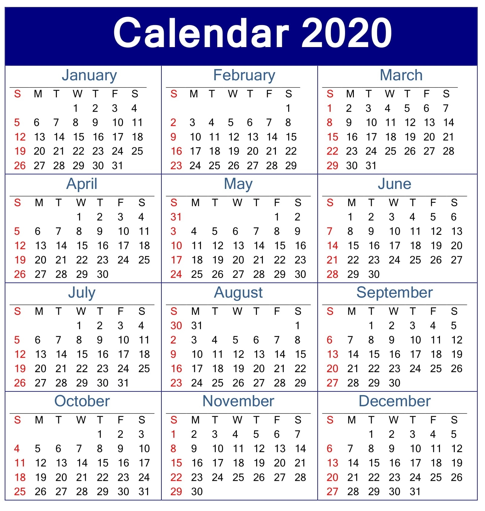 Printable Calendar 2020 Pdf Template - Free Latest Calendar