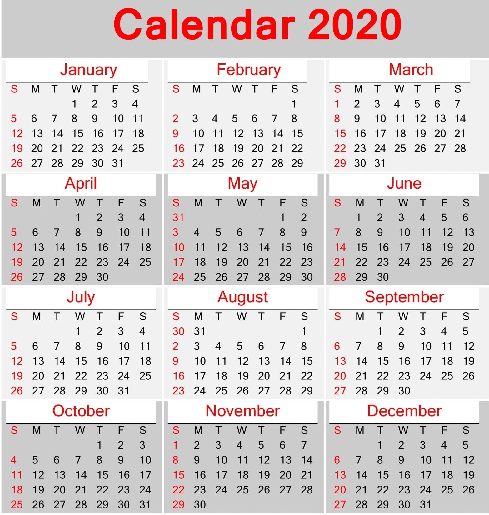 Printable Calendar 2020 Pdf Template - Free Latest Calendar