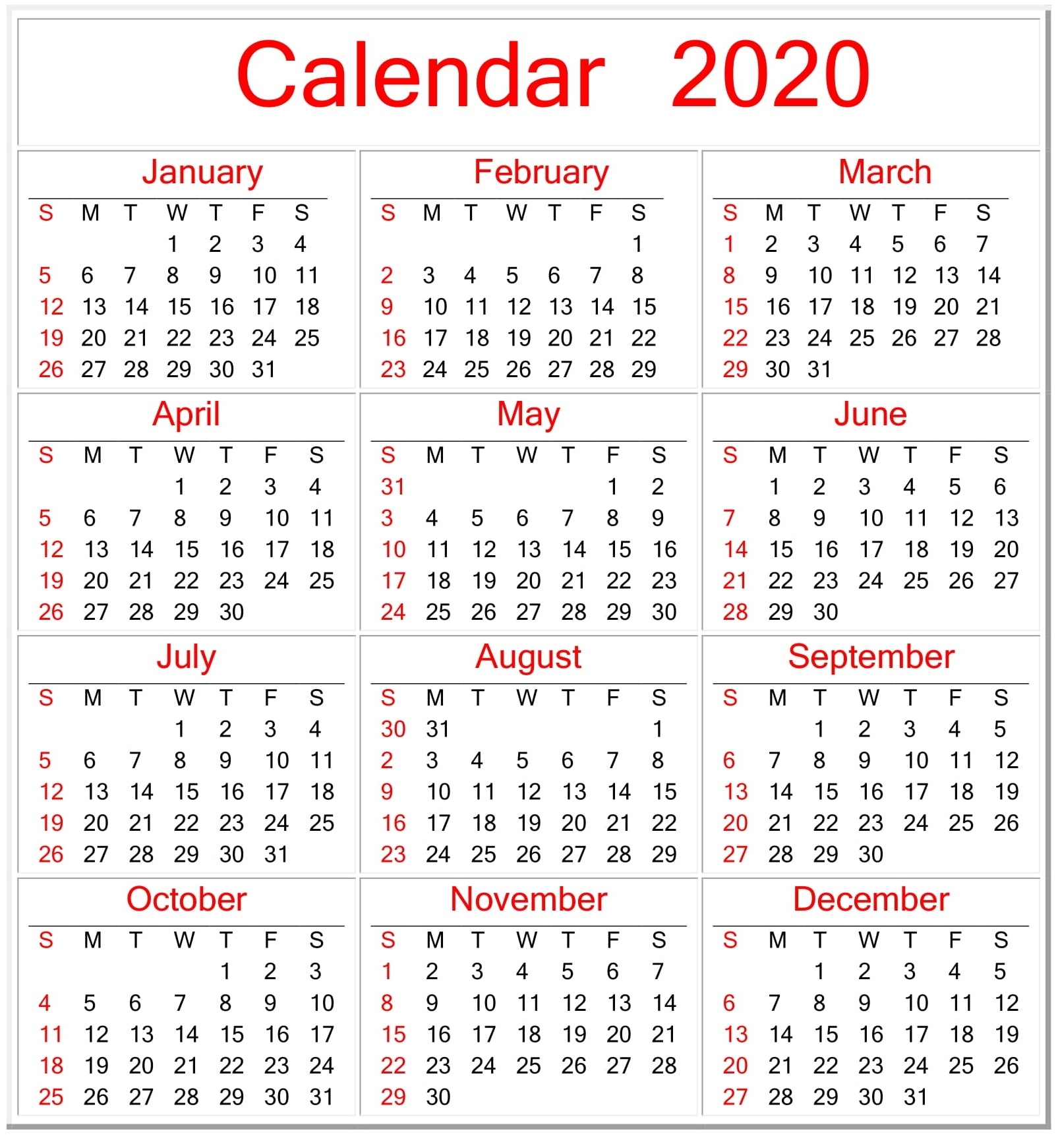 Printable Calendar 2020 Pdf Template - Free Latest Calendar