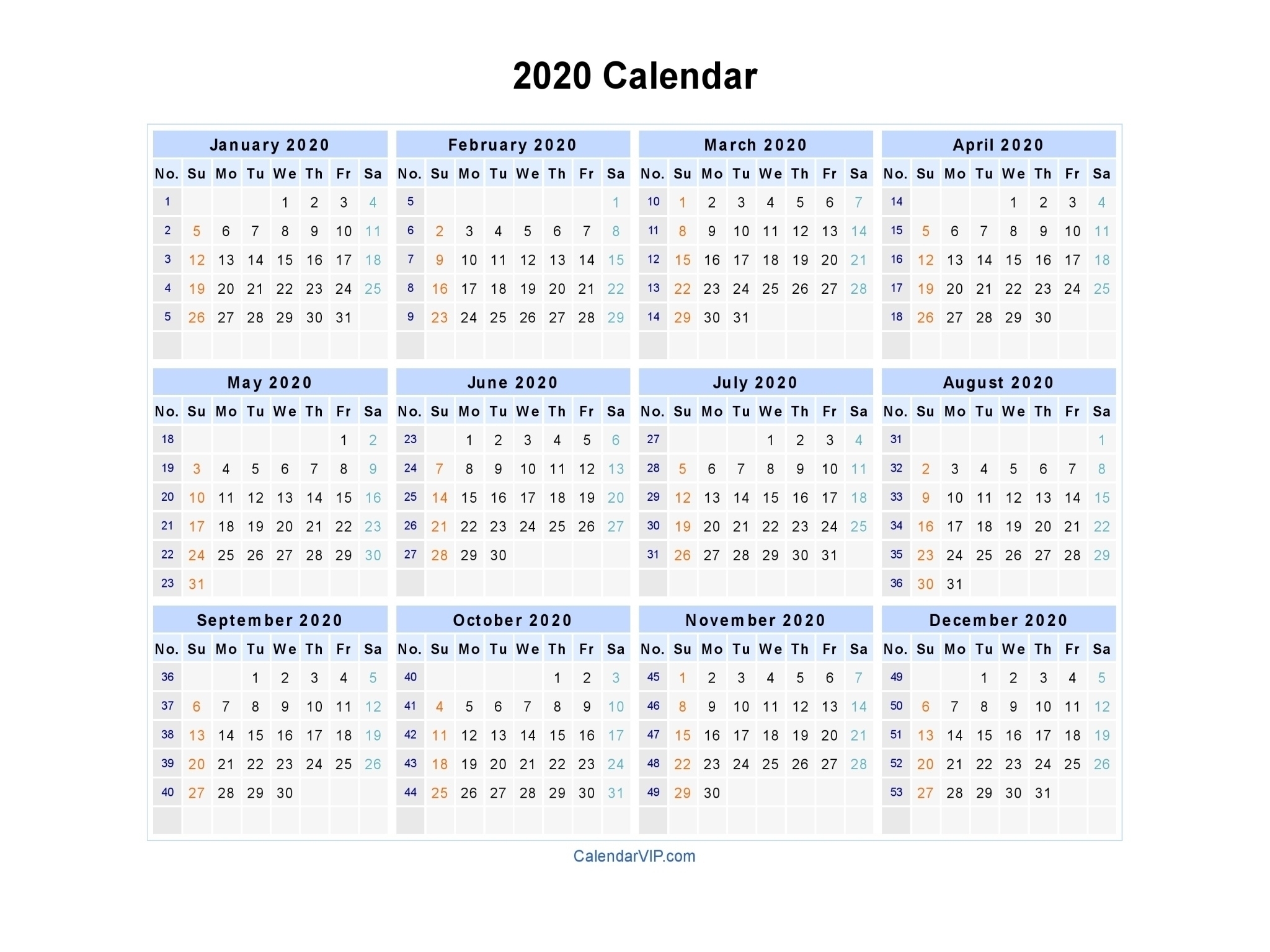 Printable Calendar 2020 With Week Numbers | Monthly