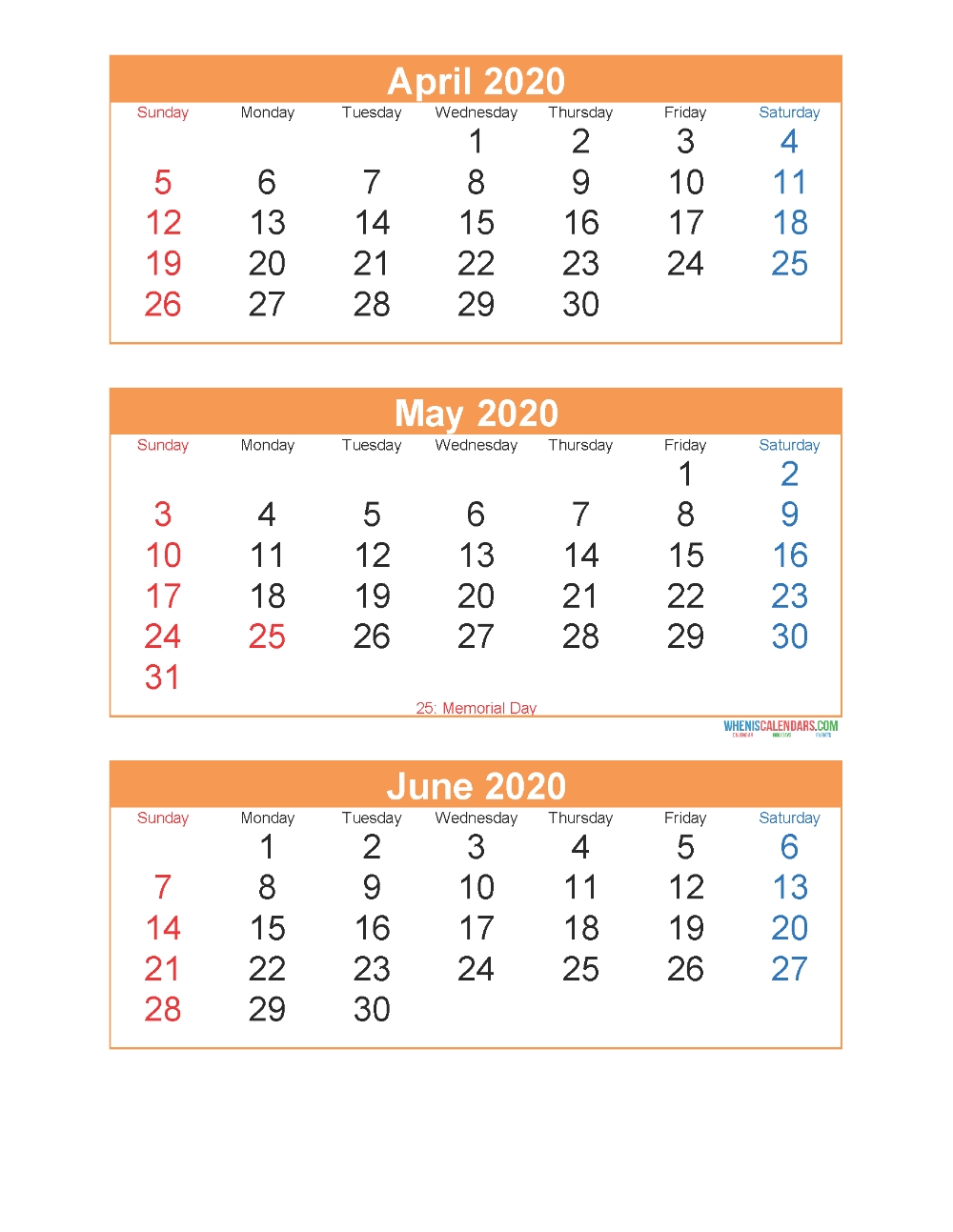 Printable Calendar April May June 2020 3 Months Per Page