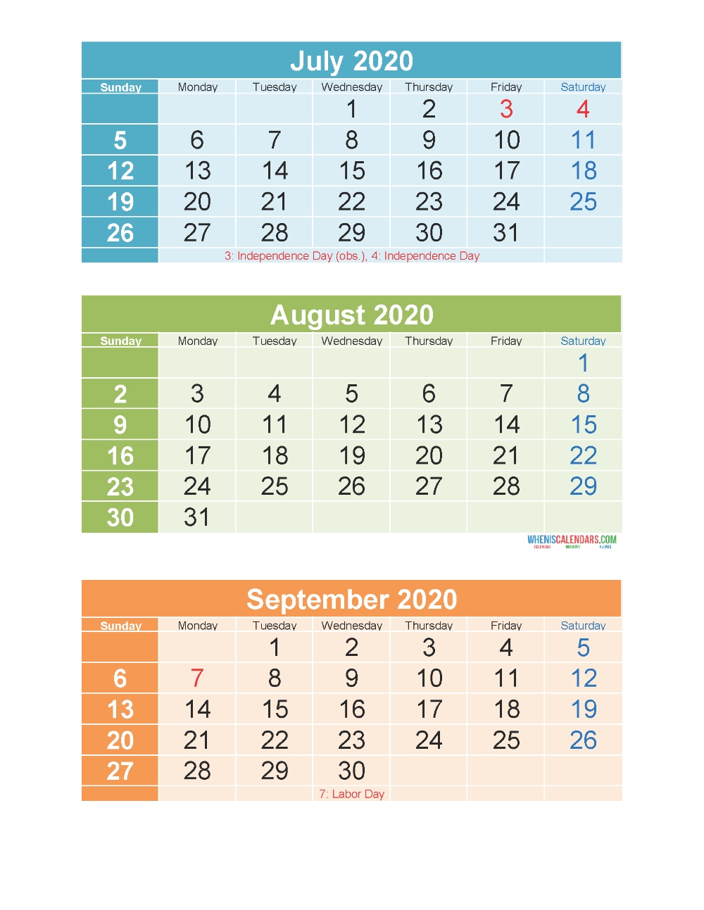 Printable Calendar July August September 2020 3 Months Per