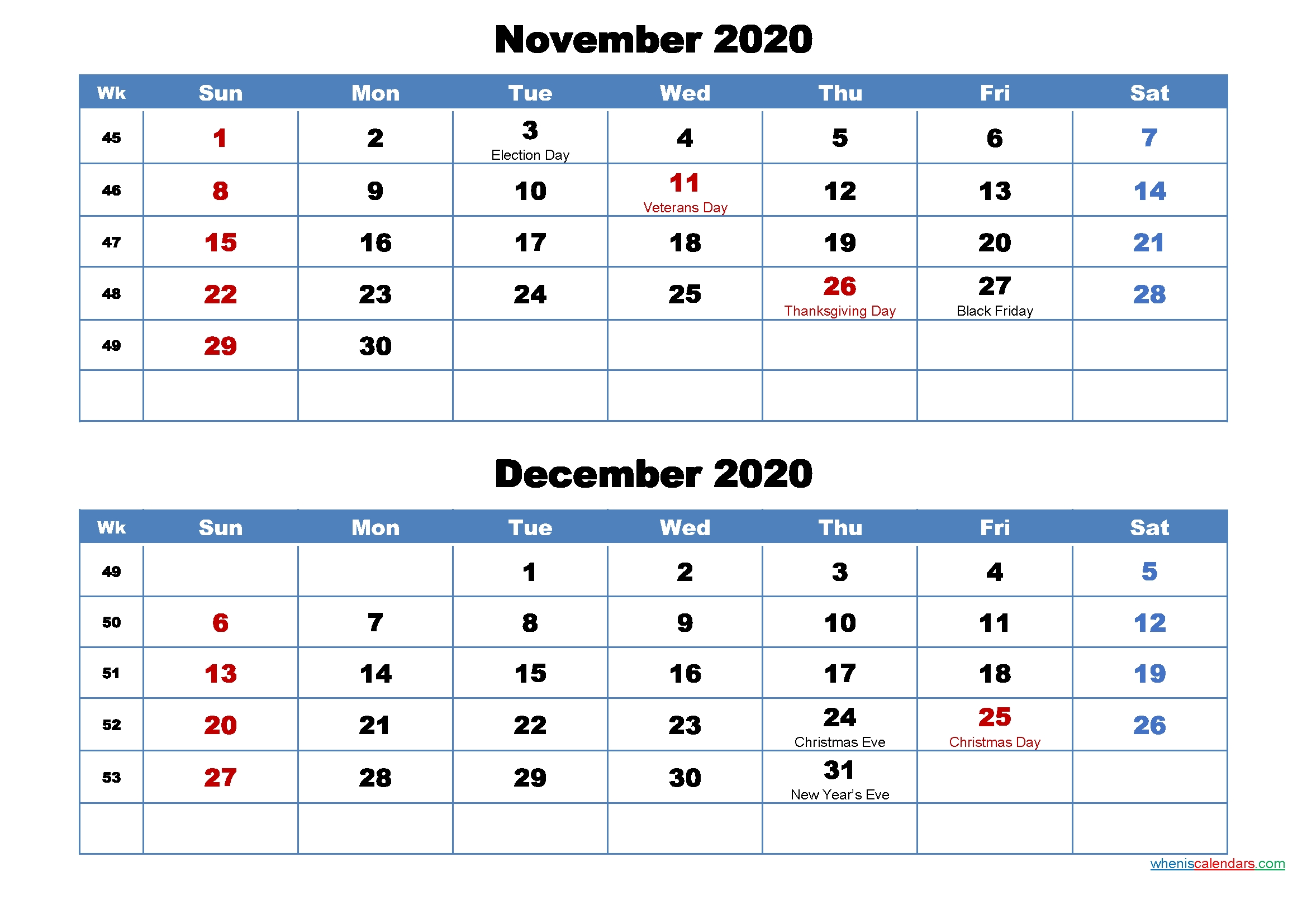 Printable Calendar November And December 2020 Word, Pdf