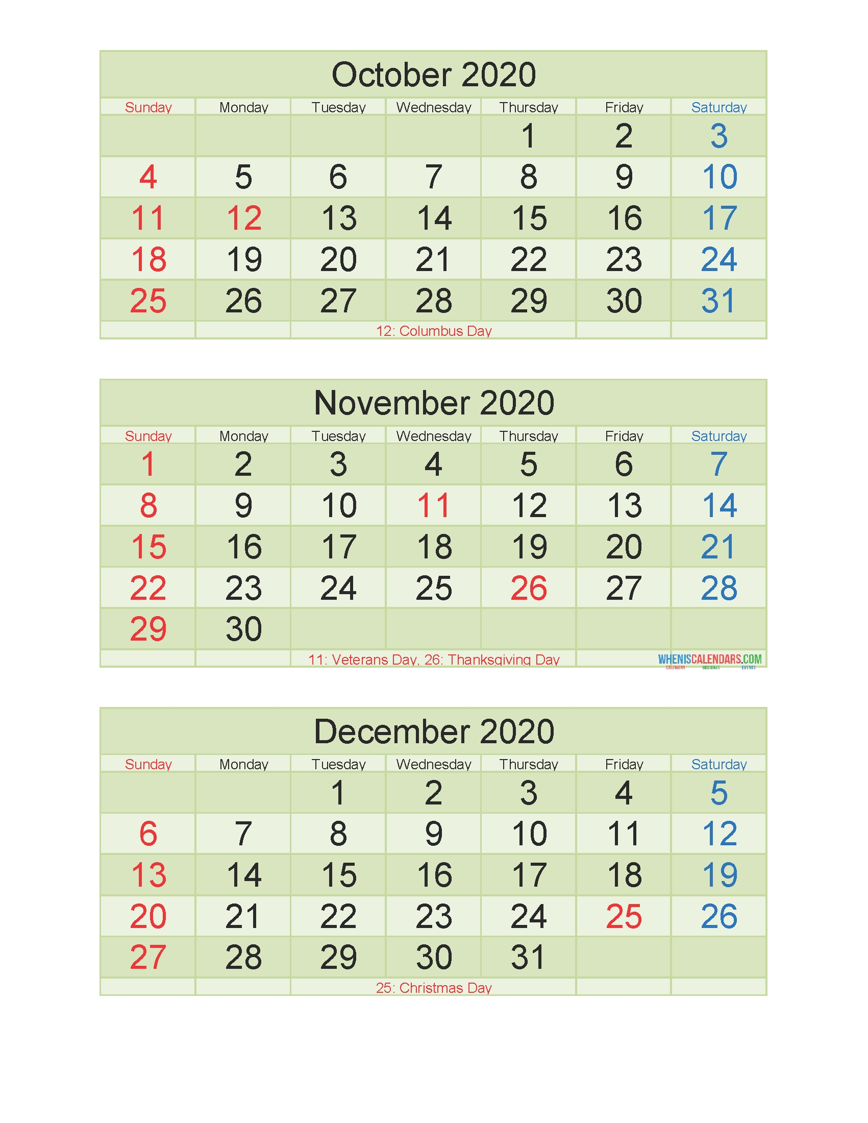 Printable Calendar October November December 2020 3 Months