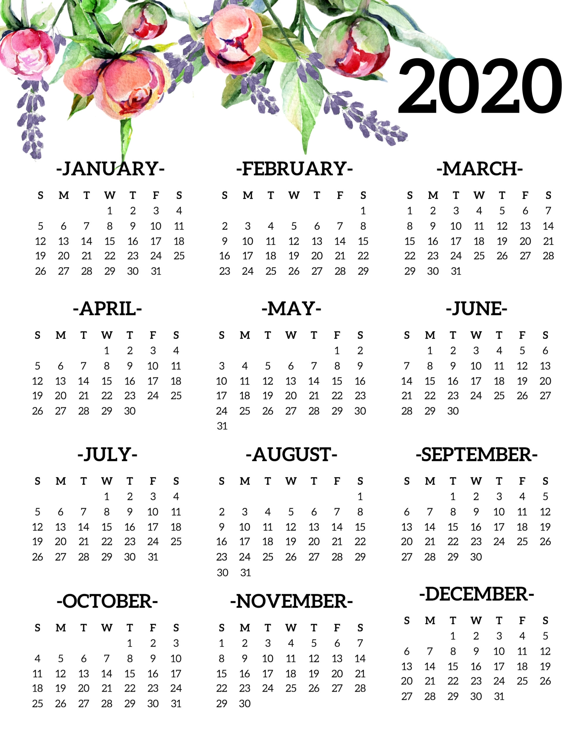 Printable Calendar Year At A Glance 2020 | Calendar