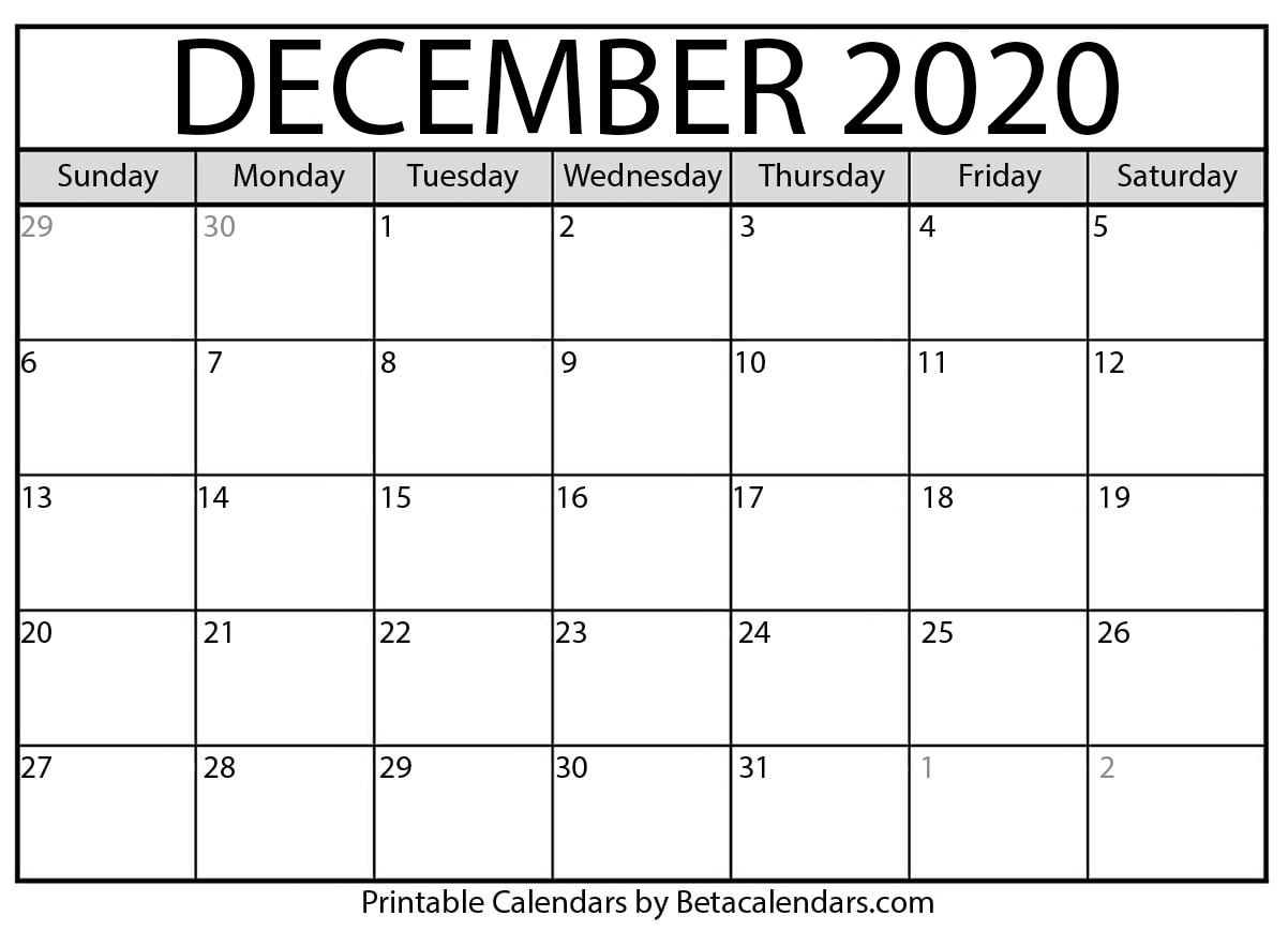 Printable December 2020 Calendar - Beta Calendars