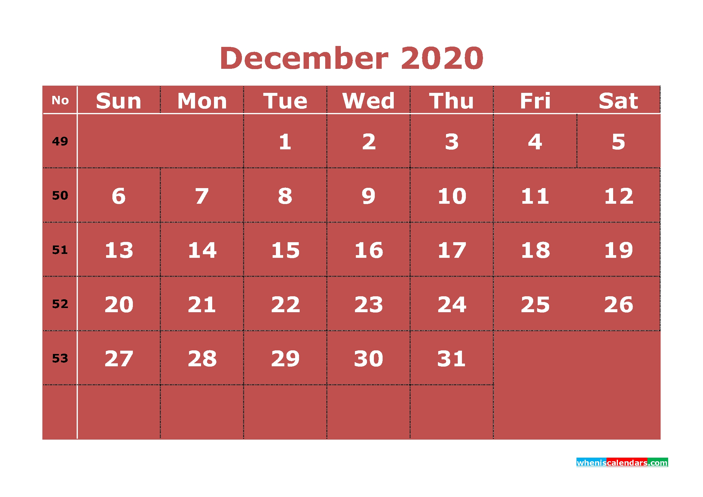 Printable December 2020 Calendar With Week Numbers | Free