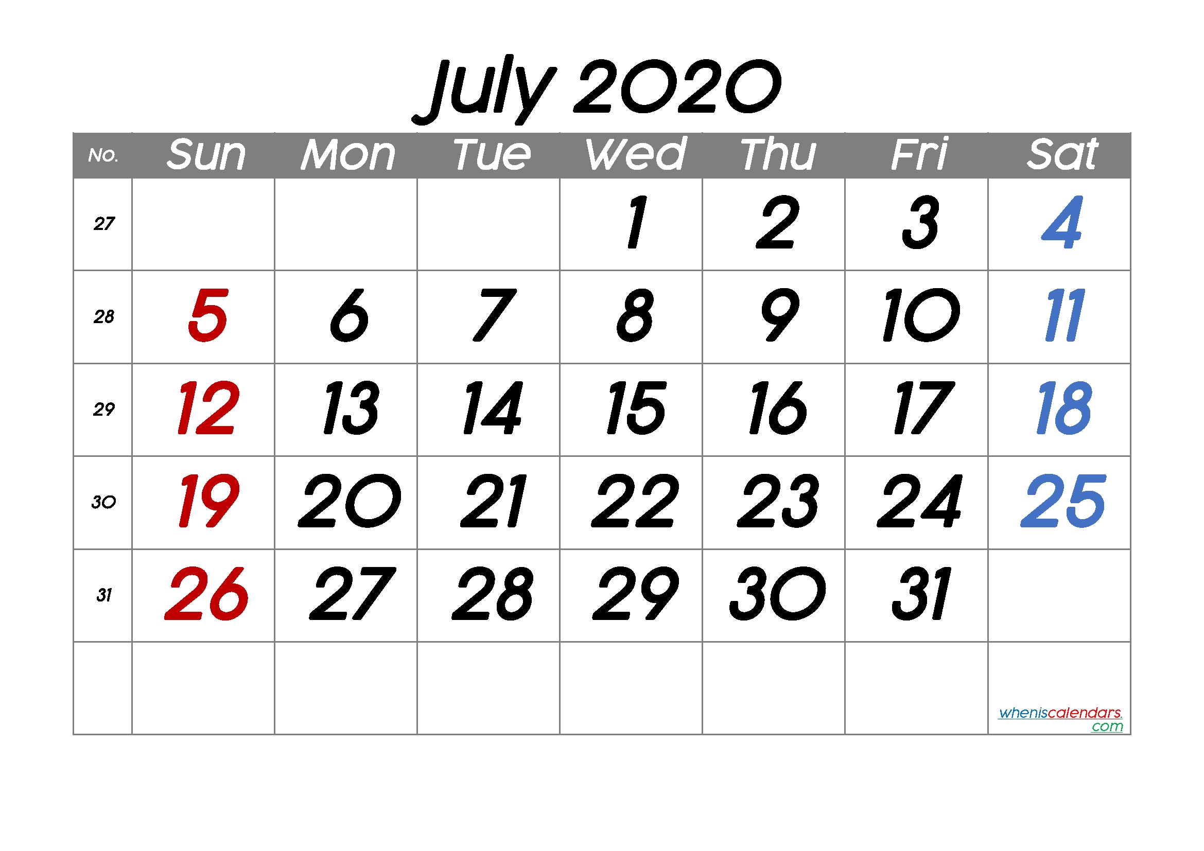 Printable July 2020 Calendar – 6 Templates – Free Printable