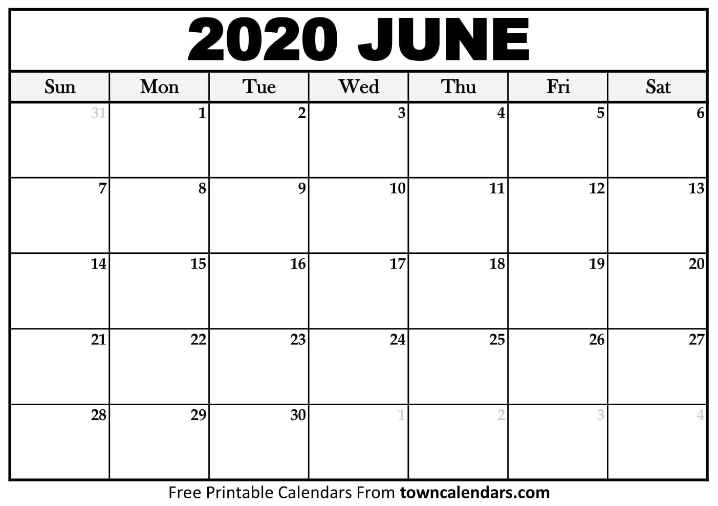 Printable June 2020 Calendar - Towncalendars