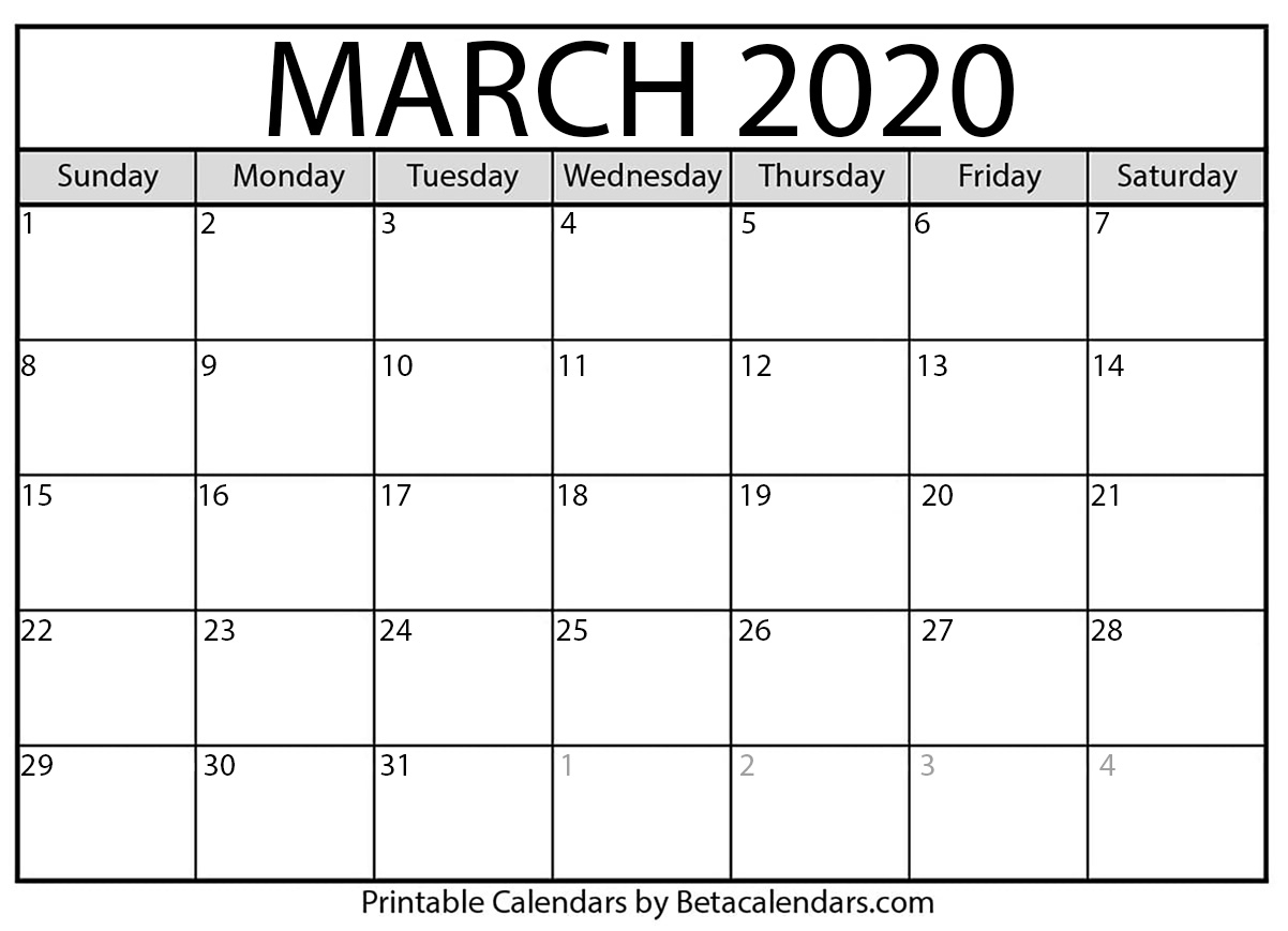 Printable March 2020 Calendar - Beta Calendars