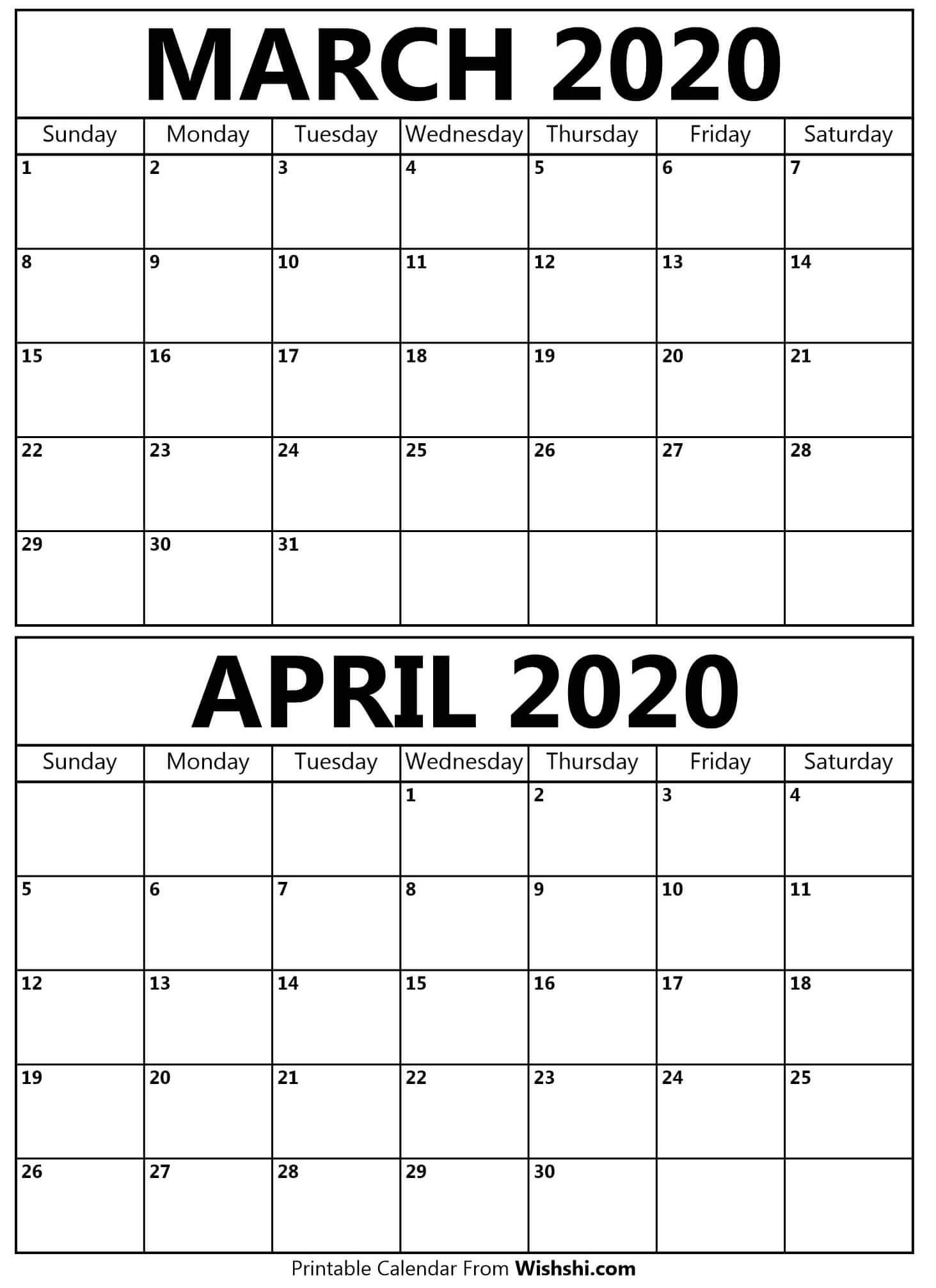 Printable March April 2020 Calendar - Free Printable