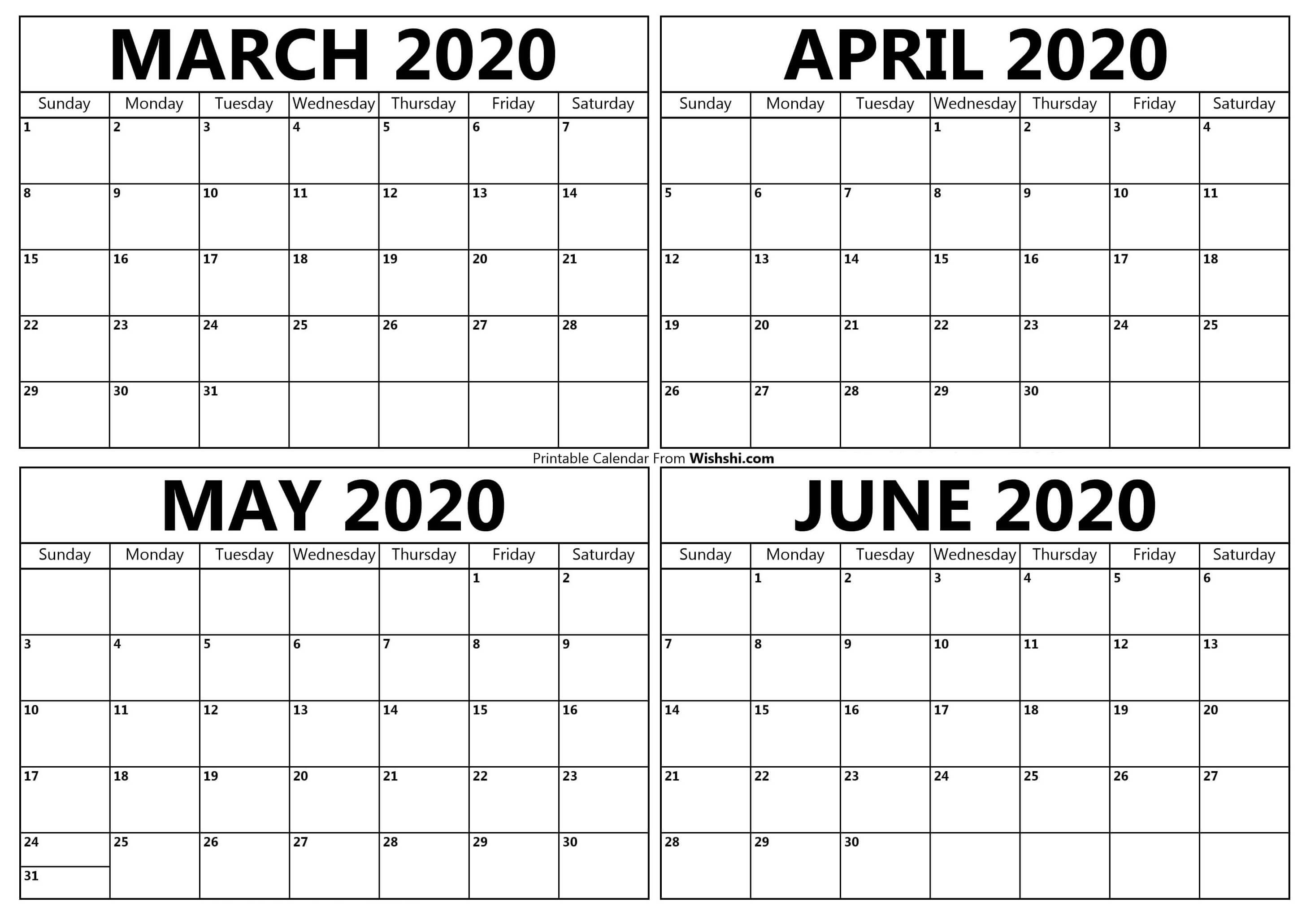 Printable March To June 2020 Calendar - Free Printable