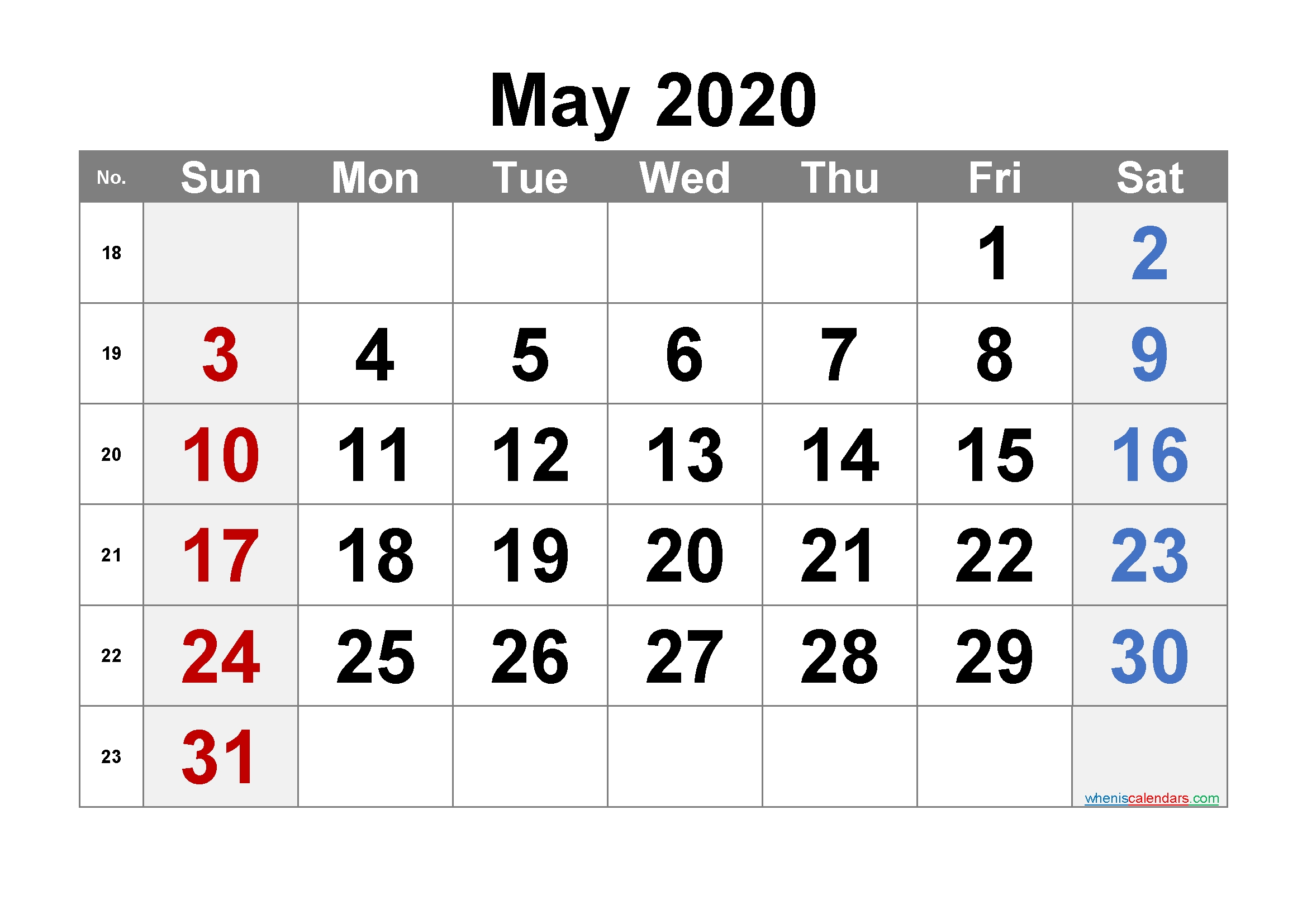 Printable May 2020 Calendar – 6 Templates – Free Printable